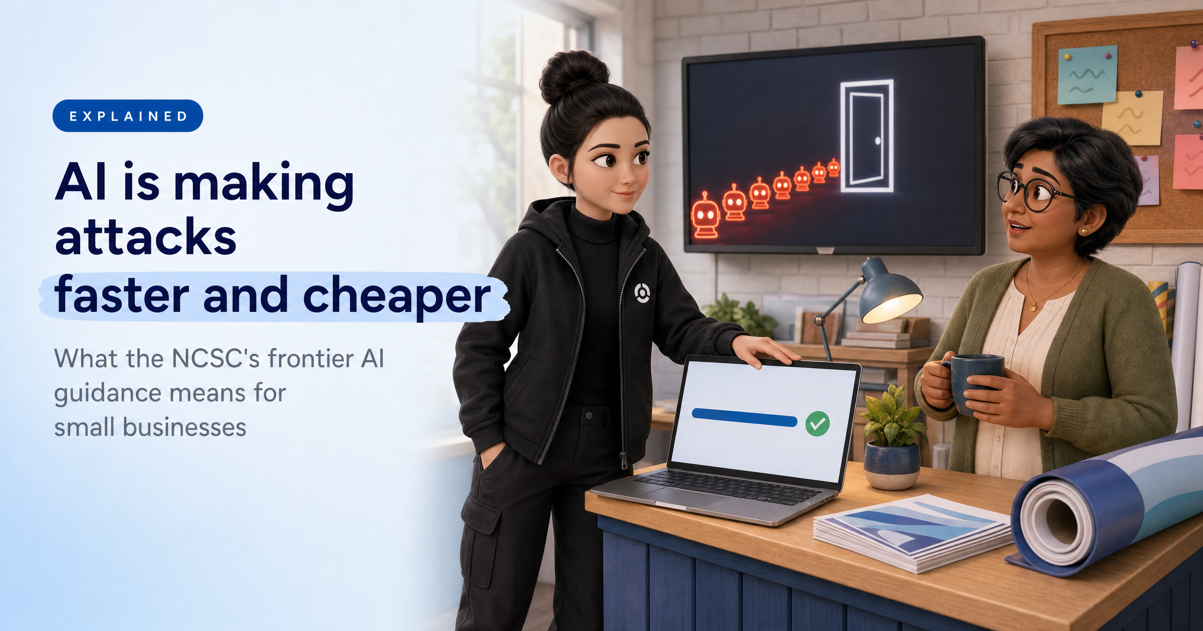 Illustration of Sophia, HackRisk’s security analyst, and a print-shop owner. A wall screen shows small red AI robots queuing outside a door icon, while the laptop shows a completed update.