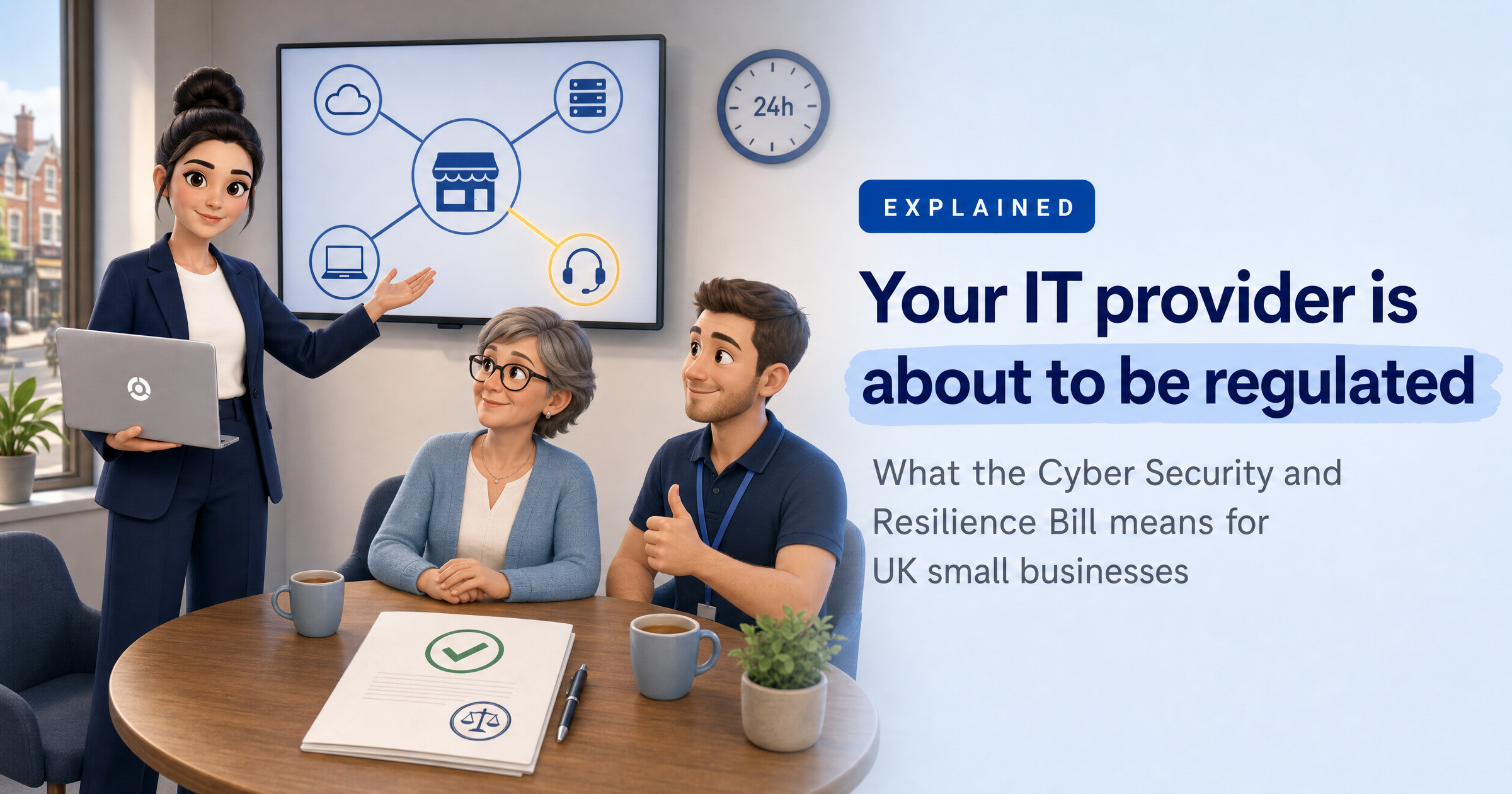 Sophia, HackRisk's AI security analyst, in a small business meeting room showing the owner and her IT provider a supplier diagram, with the headline 'Your IT provider is about to be regulated'