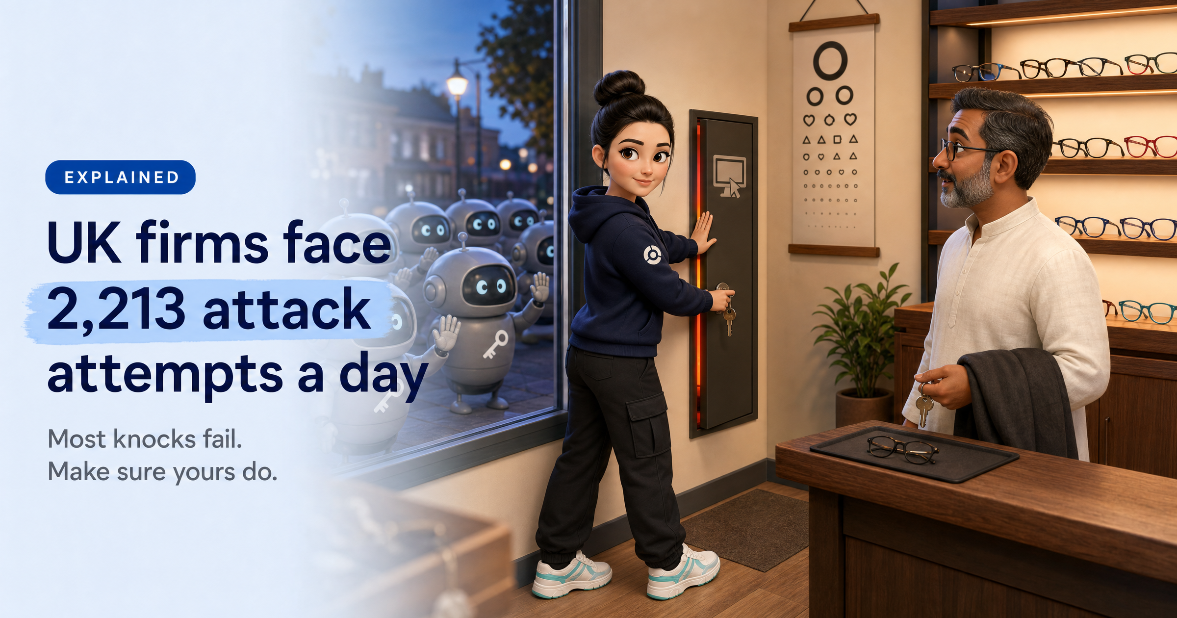 Sophia, HackRisk's AI security analyst, closing and locking a small remote-desktop door in a UK opticians at closing time while friendly robot drones tap on the shop window, with the headline 'UK firms face 2,213 attack attempts a day'