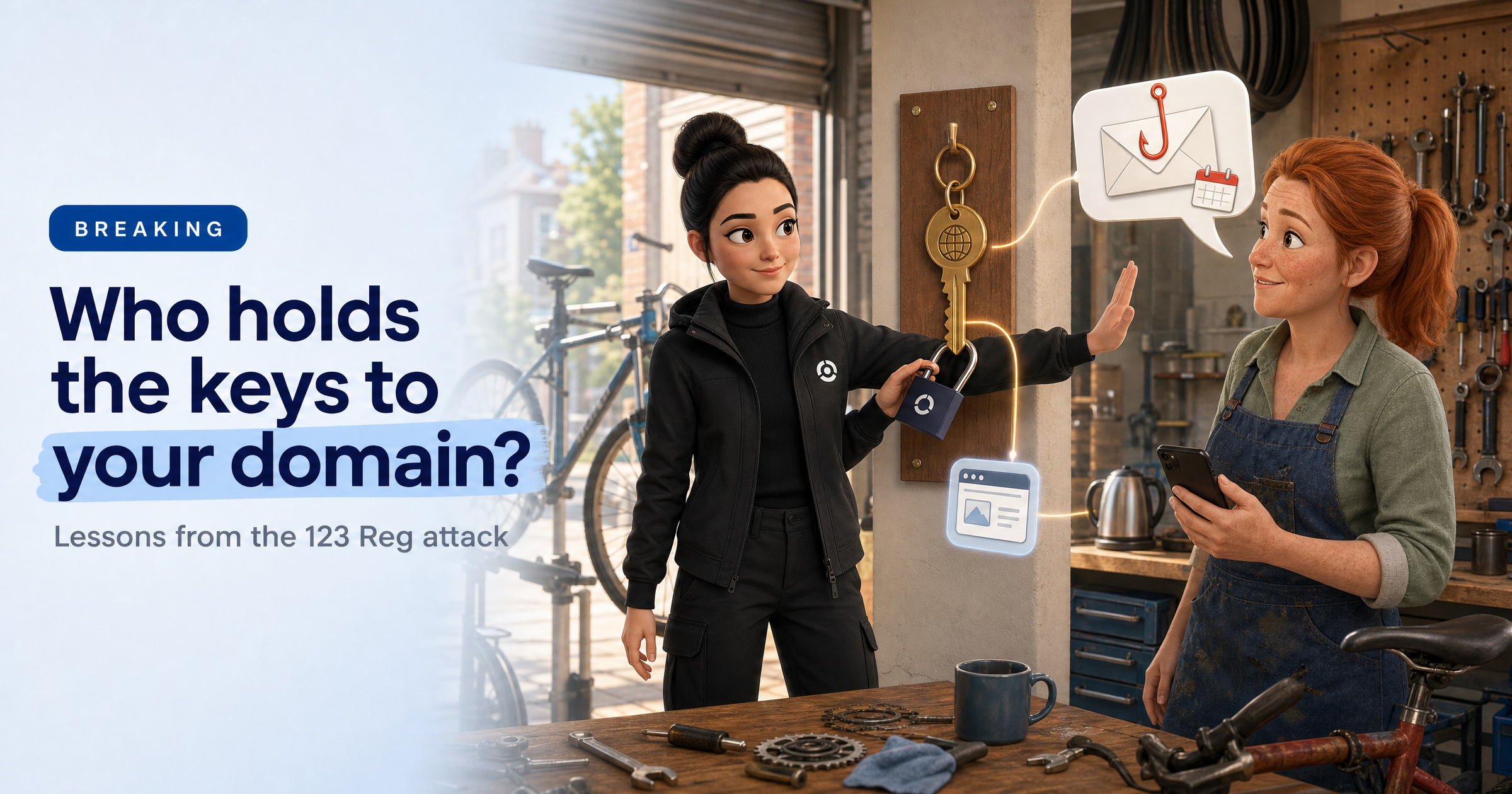Sophia, HackRisk's AI security analyst, in a black zip-up jacket in a sunny bicycle repair workshop, padlocking a brass key with a globe tag on the wall while holding back a fake renewal email with a red-orange hook, as the relieved shop owner looks on, beside the headline 'Who holds the keys to your domain?'