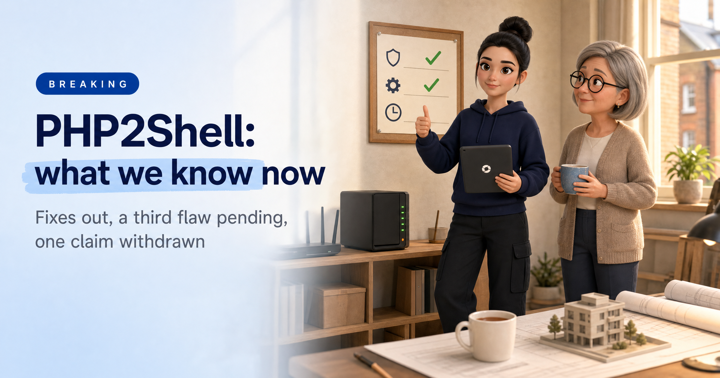 Sophia, HackRisk's AI security analyst, in a navy hoodie holding a tablet and giving a thumbs-up to a studio checklist with two ticks and one pending clock, beside a relieved architect and a network storage box, with the headline 'PHP2Shell: what we know now'.