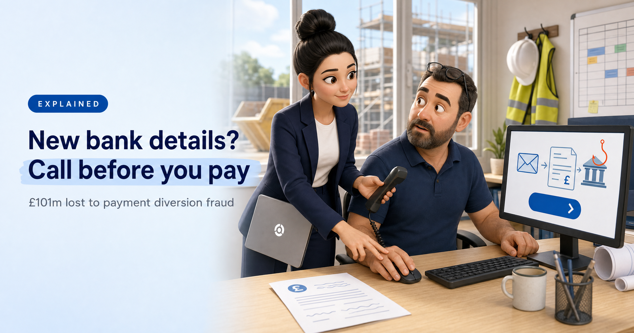 Sophia, HackRisk's AI security analyst, in a small UK building firm's site office, pausing a bookkeeper's click on a fake invoice and handing him the phone to check, with the headline 'New bank details? Call before you pay'