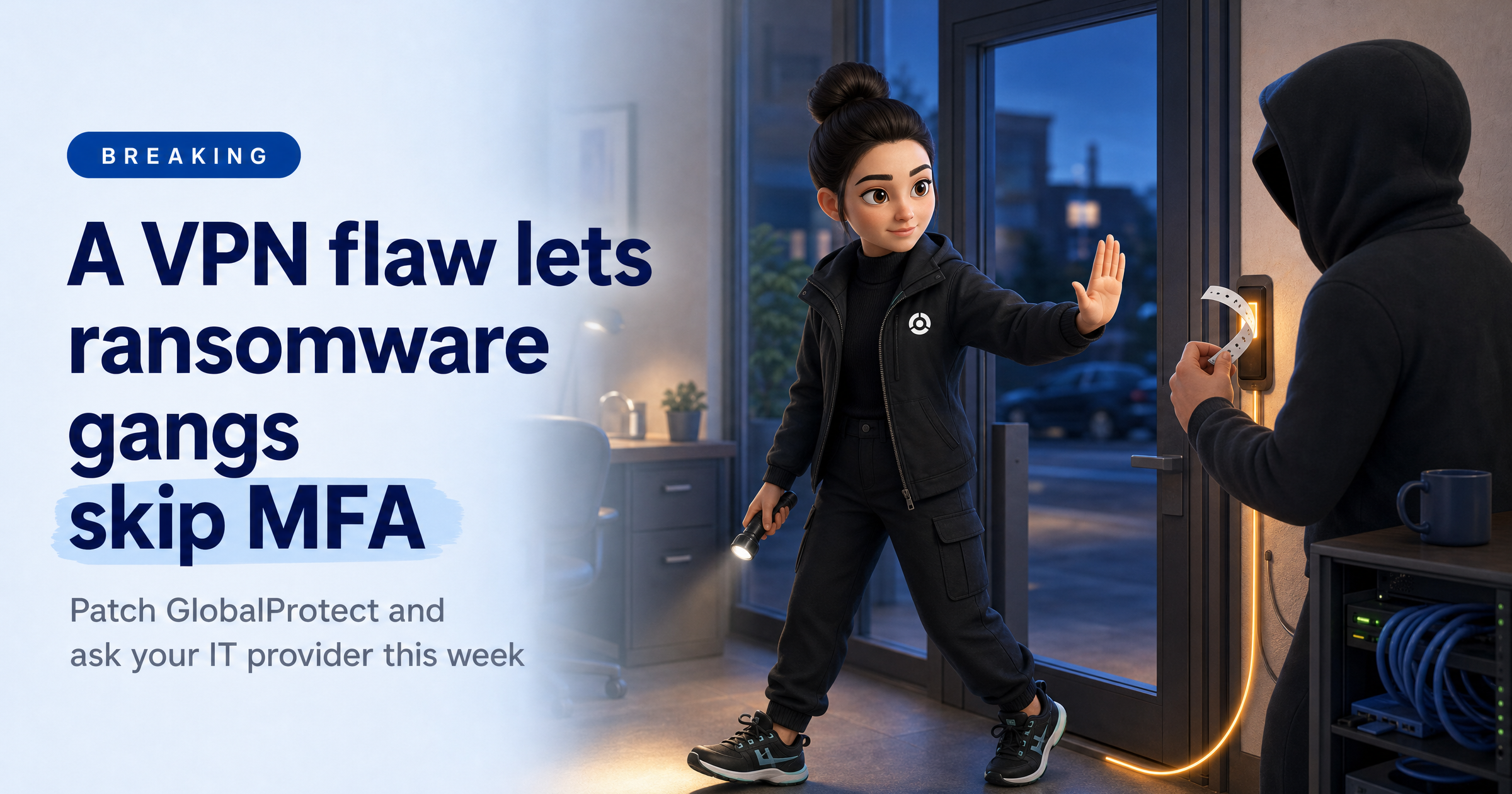 Sophia, HackRisk's AI security analyst, in a black field jacket and holding a torch, steps between a hooded intruder and an office door reader as he holds up a forged paper wristband. Headline: A VPN flaw lets ransomware gangs skip MFA.