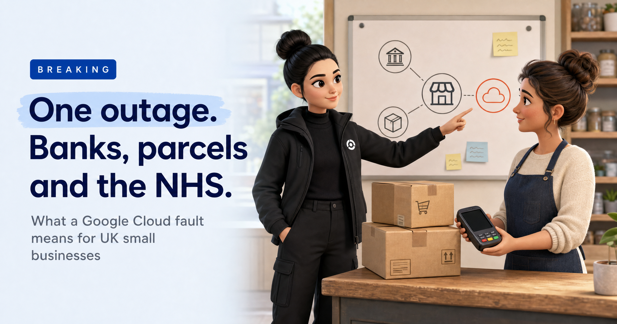 Sophia, HackRisk's AI security analyst, in a black Field Ready jacket at a whiteboard in a UK shop, pointing at a cloud icon linked to a bank and a parcel while the shop owner holds a dark card reader, beside the headline 'One outage. Banks, parcels and the NHS.'
