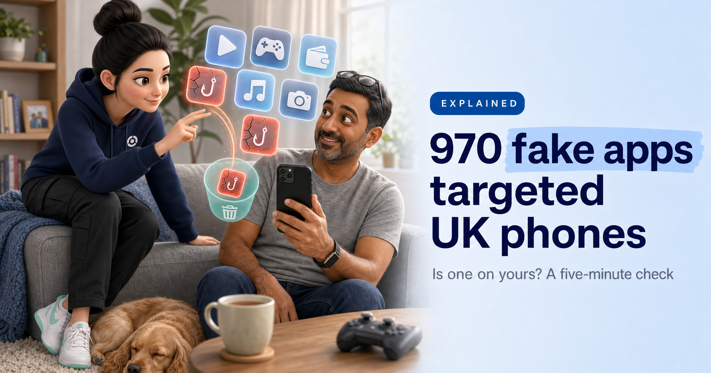 Sophia, HackRisk's AI security analyst, in a navy hoodie, perched on a sofa arm in a sunny living room, flicking a cracked red-orange fake app tile into a mint-green bin while a smiling man holds up his phone, beside the headline '970 fake apps targeted UK phones'
