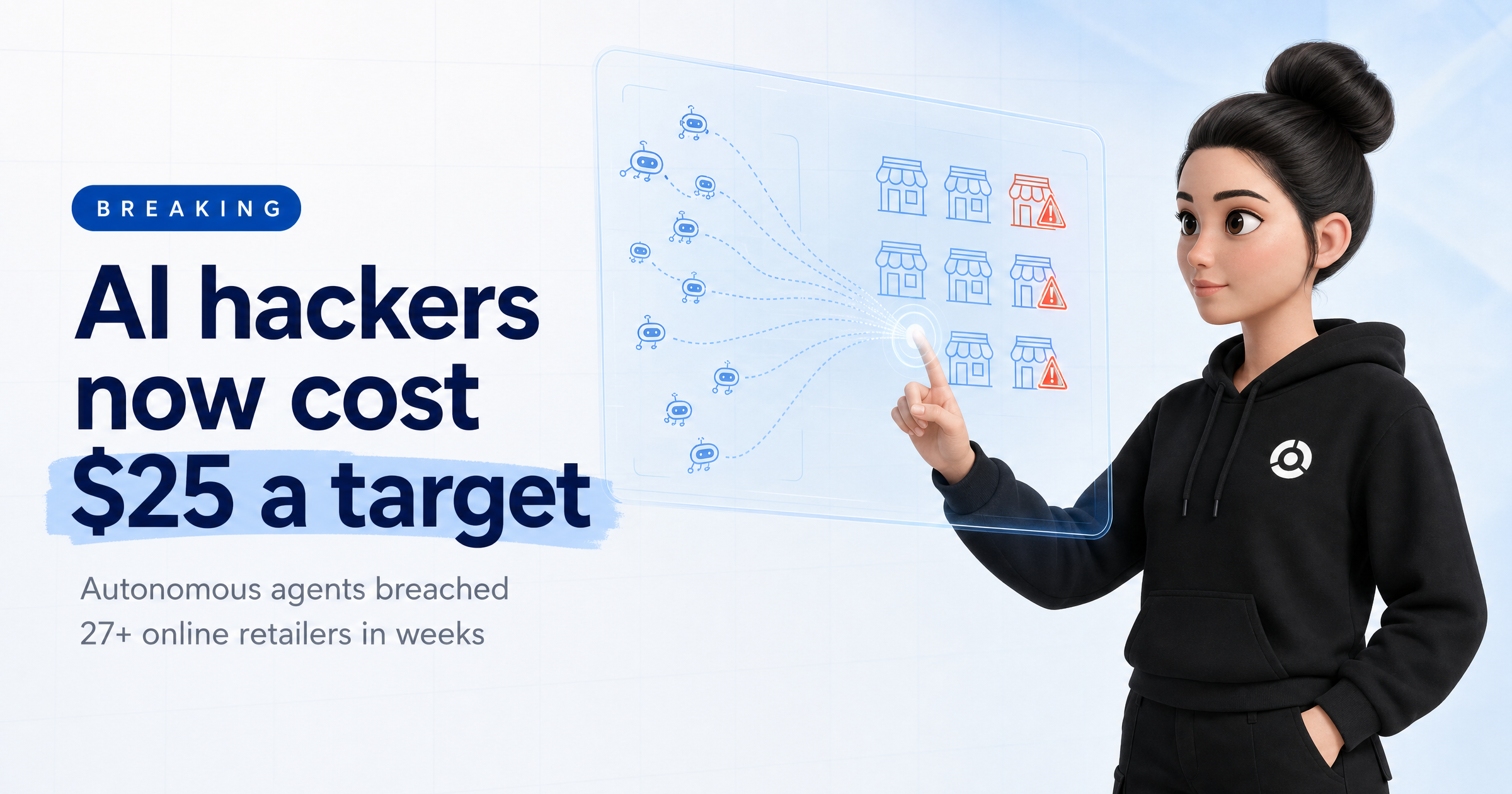 Sophia, HackRisk's AI security analyst, beside a hologram of AI agents swarming online shops, with the headline 'AI hackers now cost $25 a target'