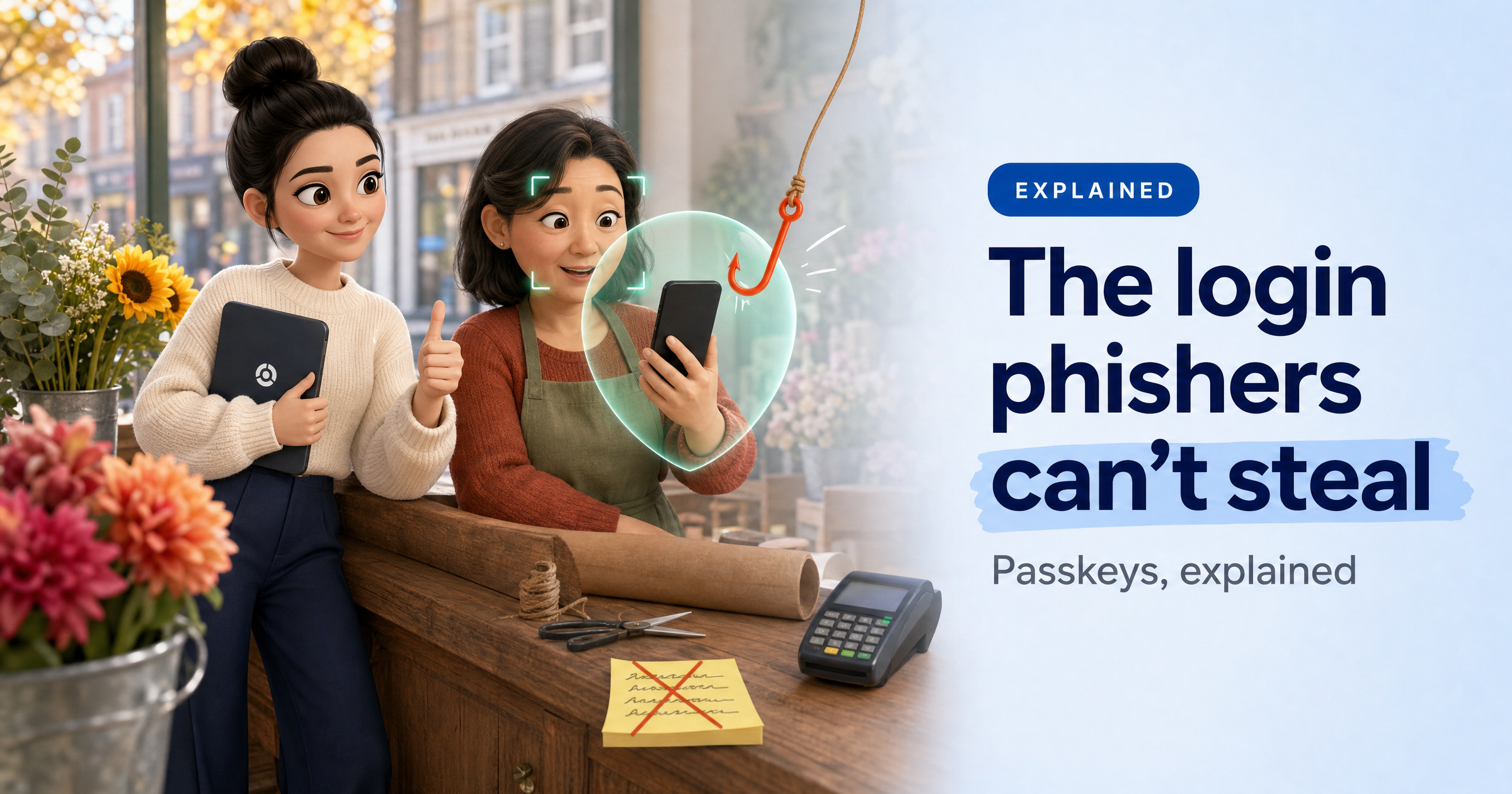 Sophia, HackRisk's AI security analyst, in a cream knit jumper giving a thumbs-up in a small UK florist's shop as the owner unlocks her phone with her face, while a phishing hook bounces off a green shield, beside the headline 'The login phishers can't steal'