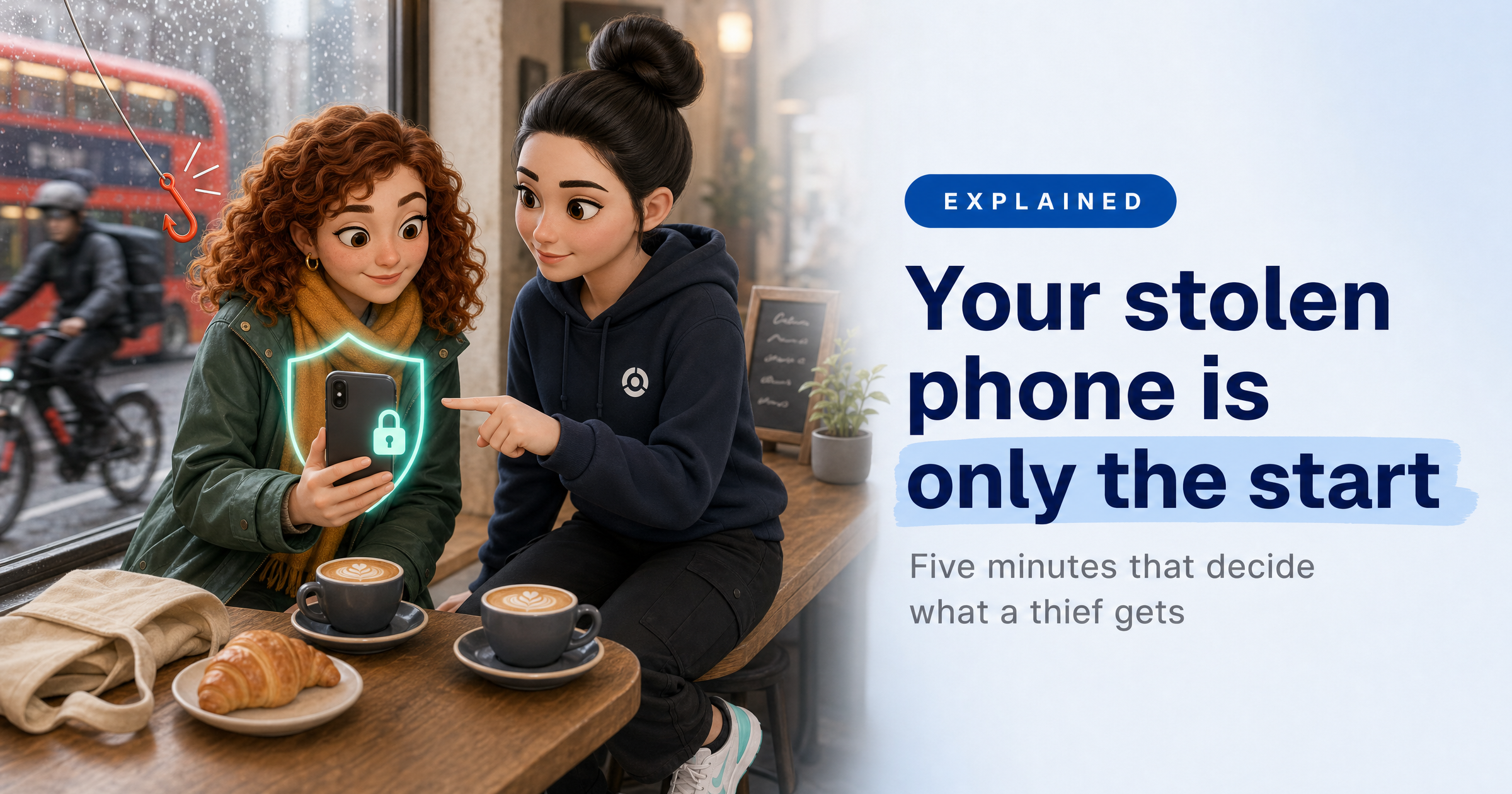 Sophia, HackRisk's AI security analyst, in a navy hoodie at a London café window helping a friend lock down her phone, shown inside a mint shield that a phishing hook bounces off, as a bus and e-bike pass outside, beside the headline 'Your stolen phone is only the start'