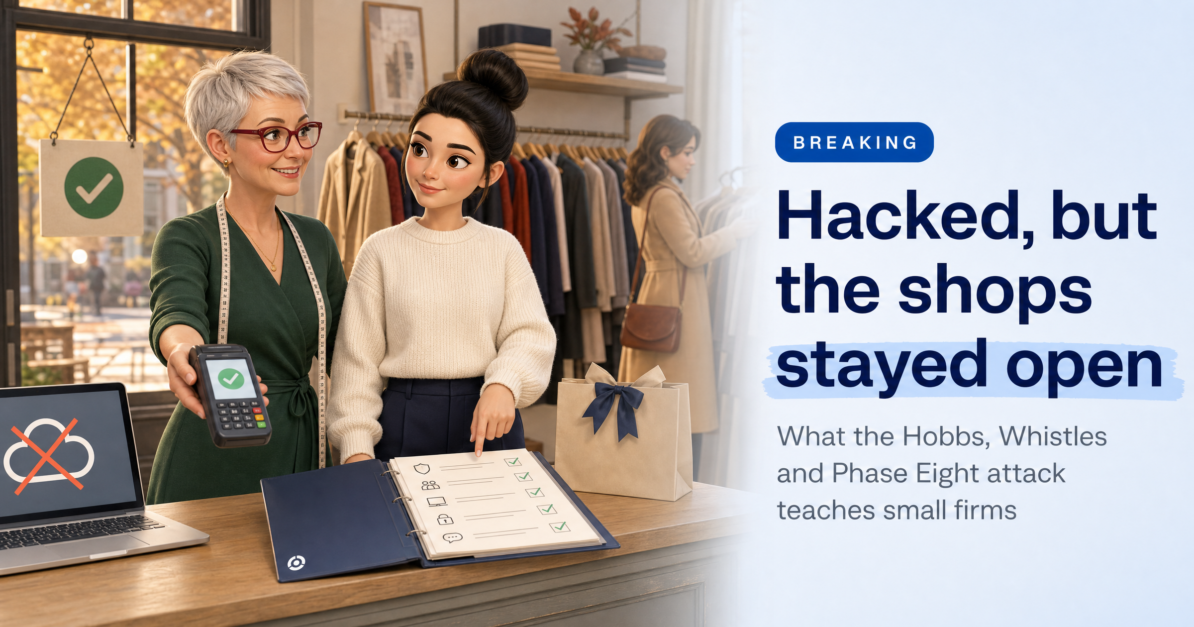 Sophia, HackRisk's AI security analyst, at the counter of a small UK fashion boutique pointing to a ticked incident plan in a navy binder while the owner takes a card payment, beside the headline 'Hacked, but the shops stayed open'