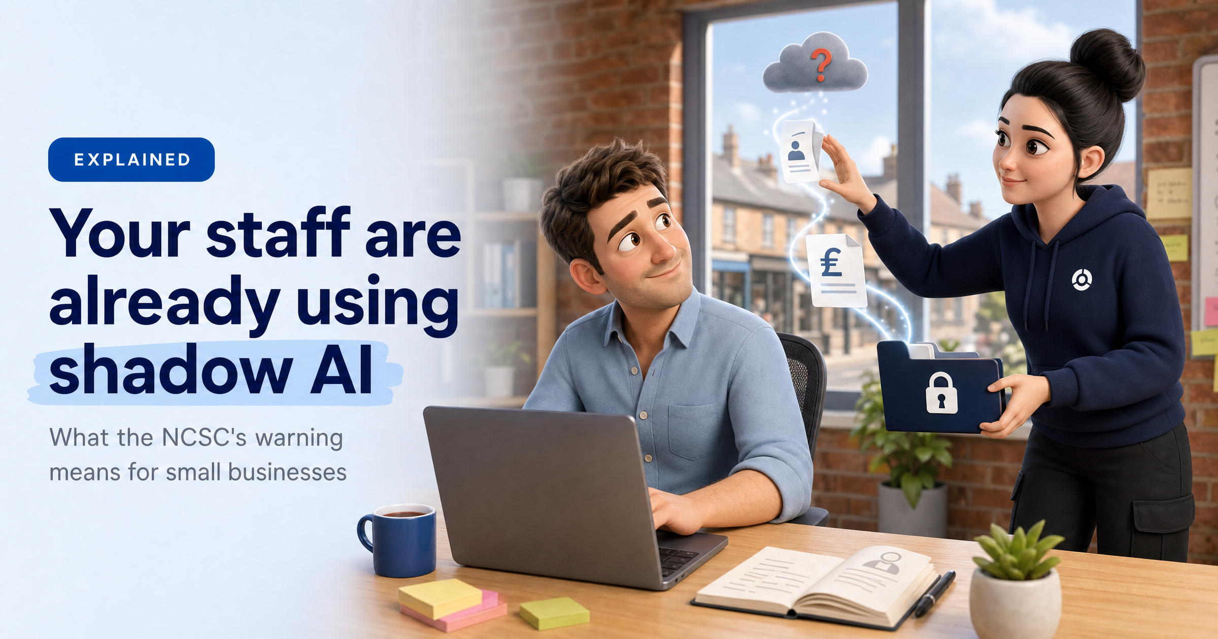 Sophia, HackRisk's AI security analyst, in a small office catching documents drifting from an employee's laptop towards an unknown cloud, with the headline 'Your staff are already using shadow AI'