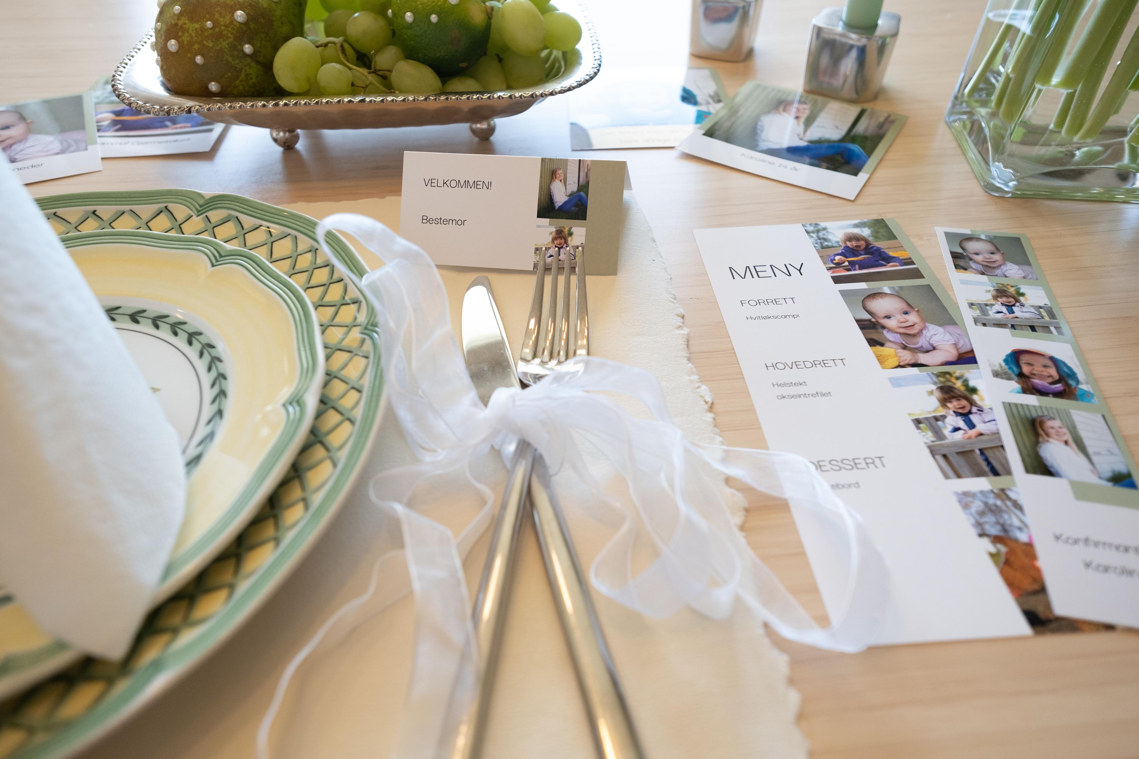 Dekket konfirmasjonsbord med bordkort fra Elite Foto