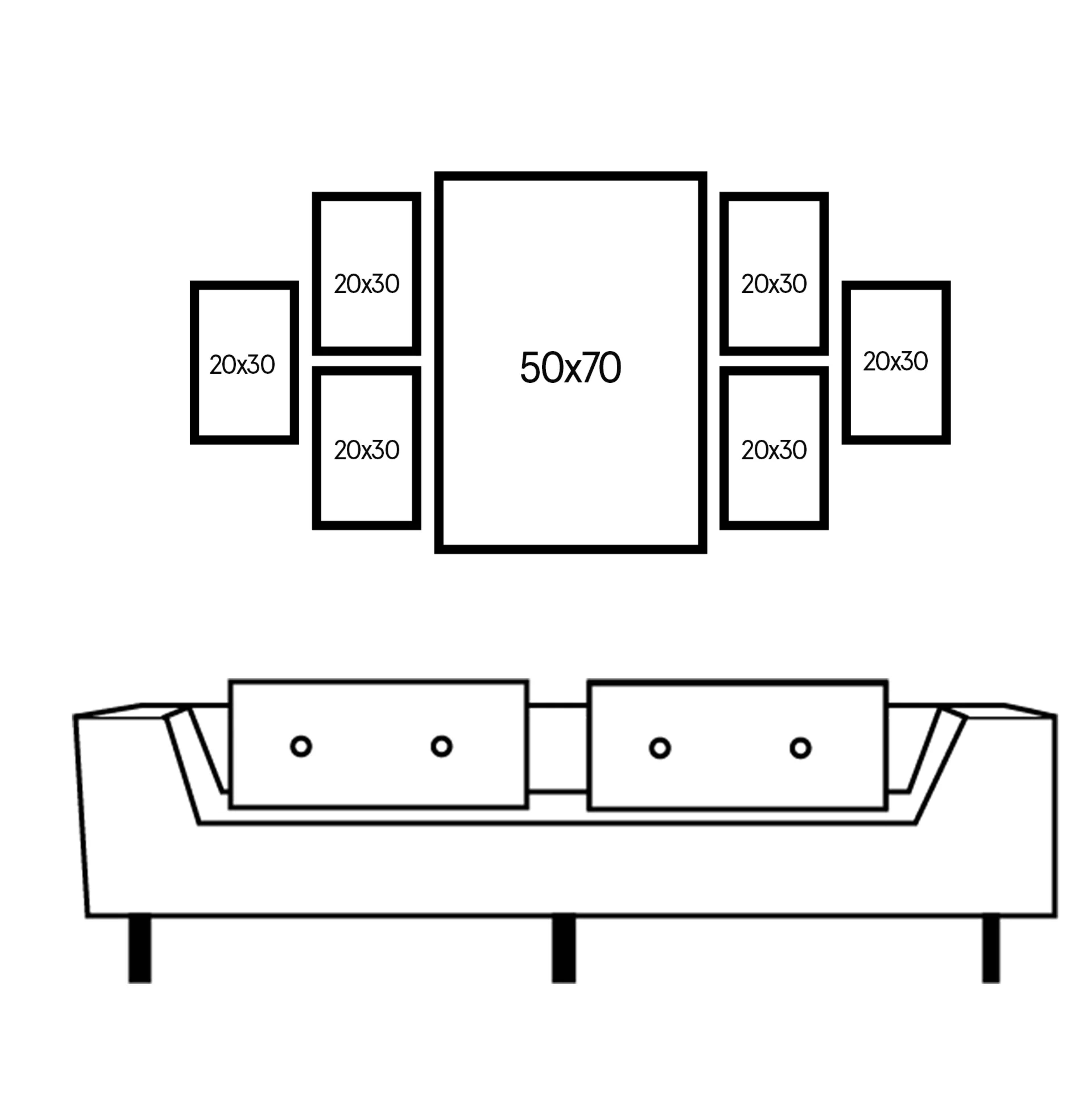 Symmetrisk bildevegg over sofa