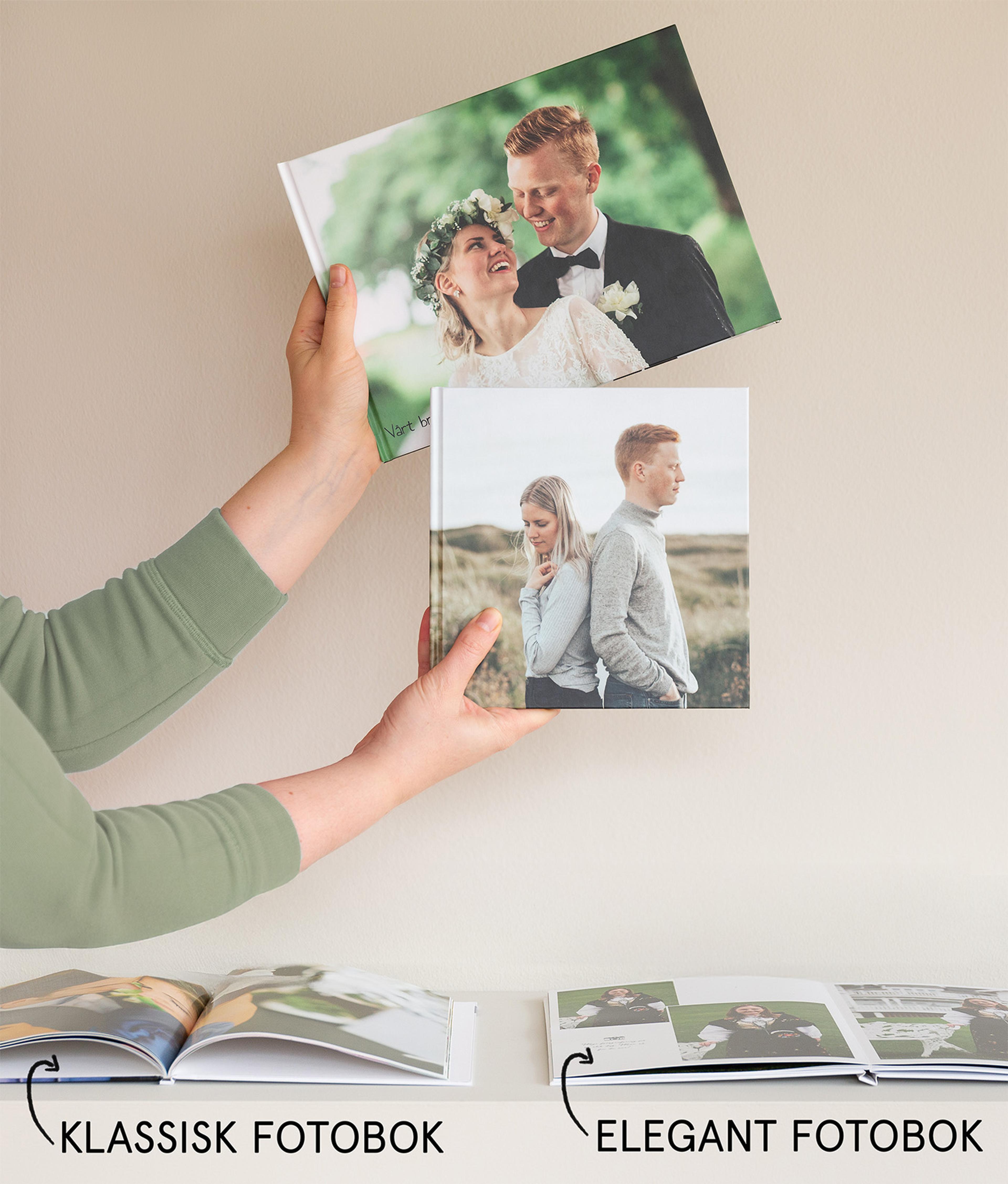 Vise forskjellen på layflat og klassisk fotobok, der layflat har stivere ark og ligger helt flatt ned