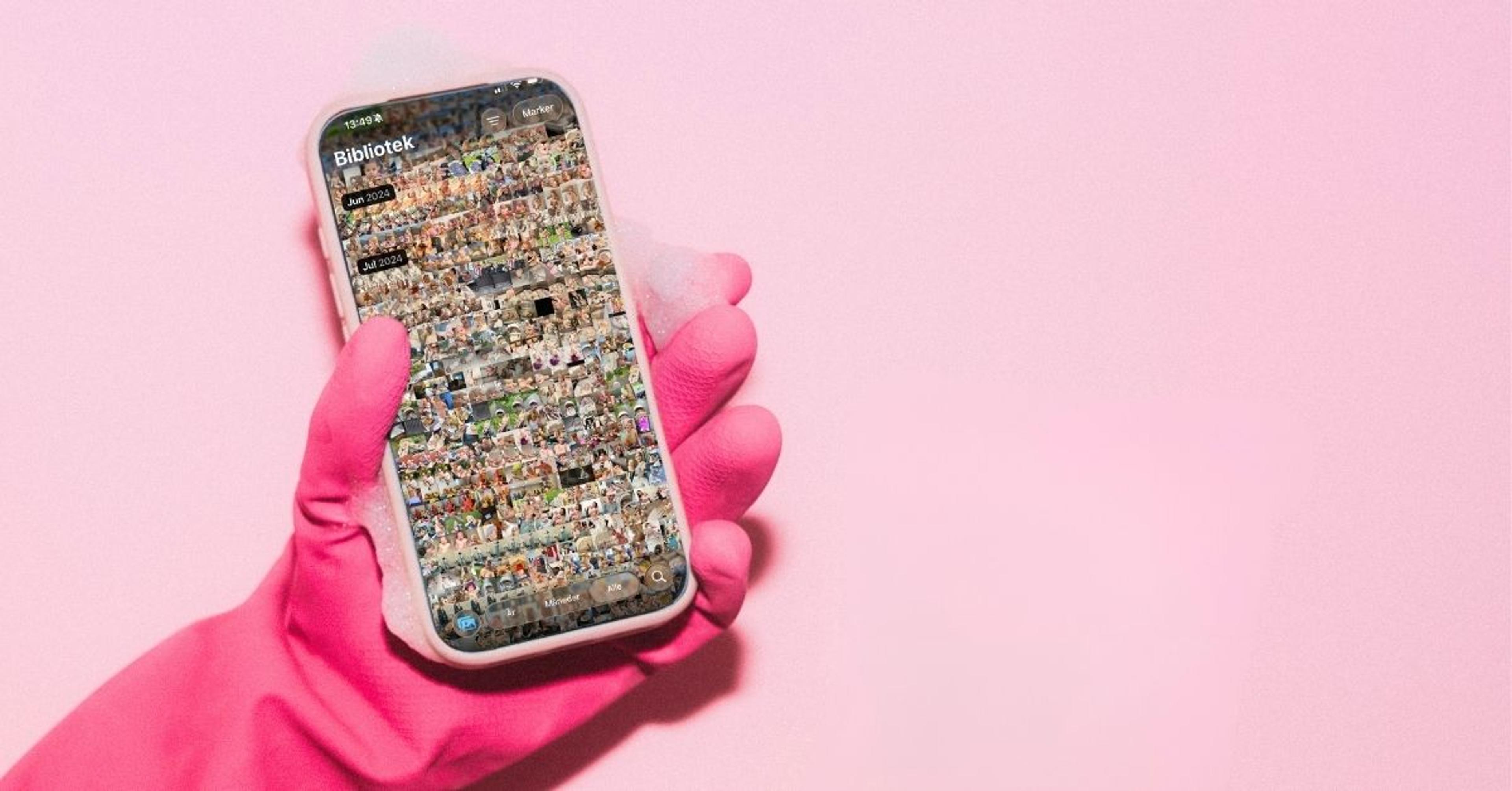 Kaos i kamerarullen, haugevis av bilder på en mobil