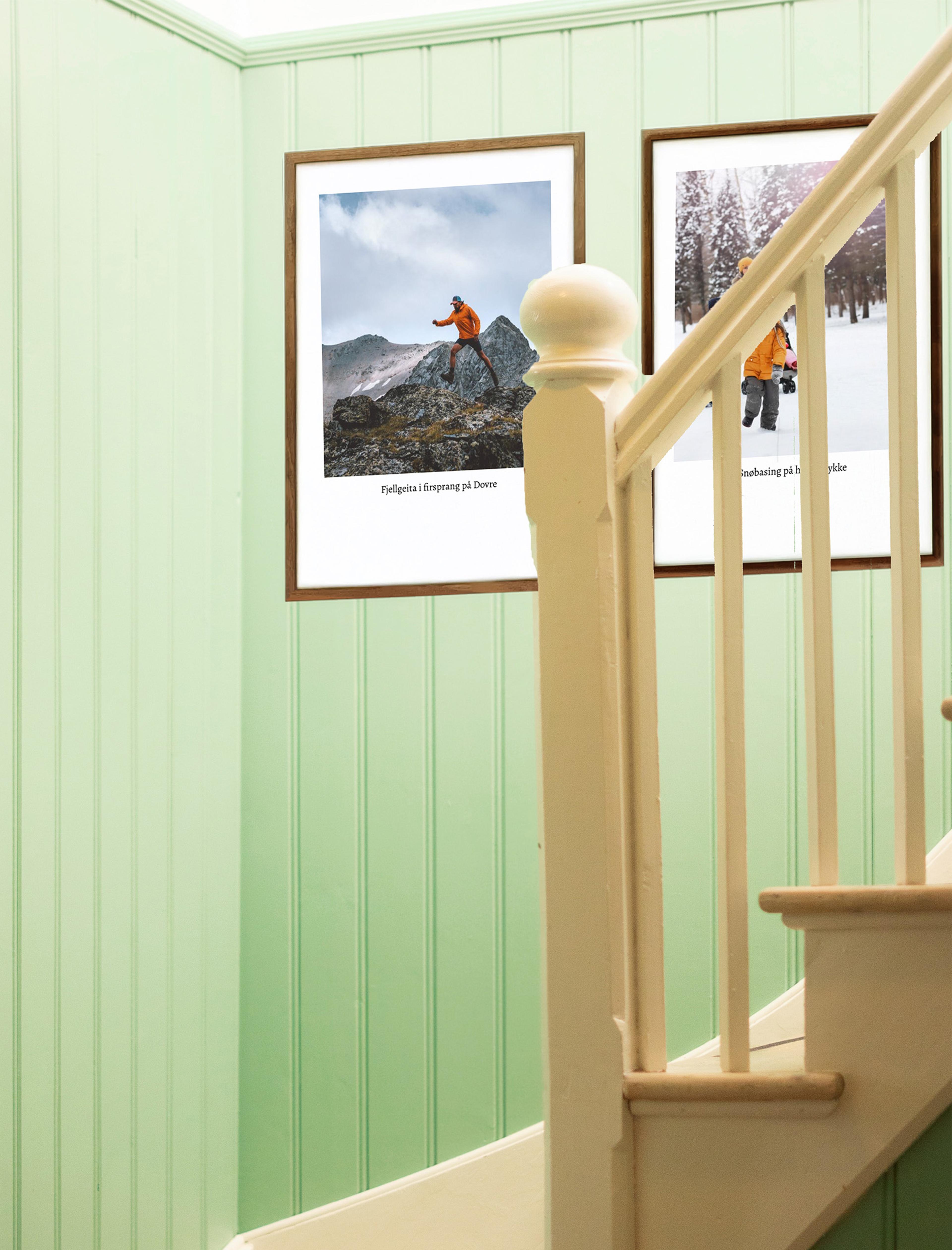 Plakater med bilde og tekst i ramme i trappeoppgang