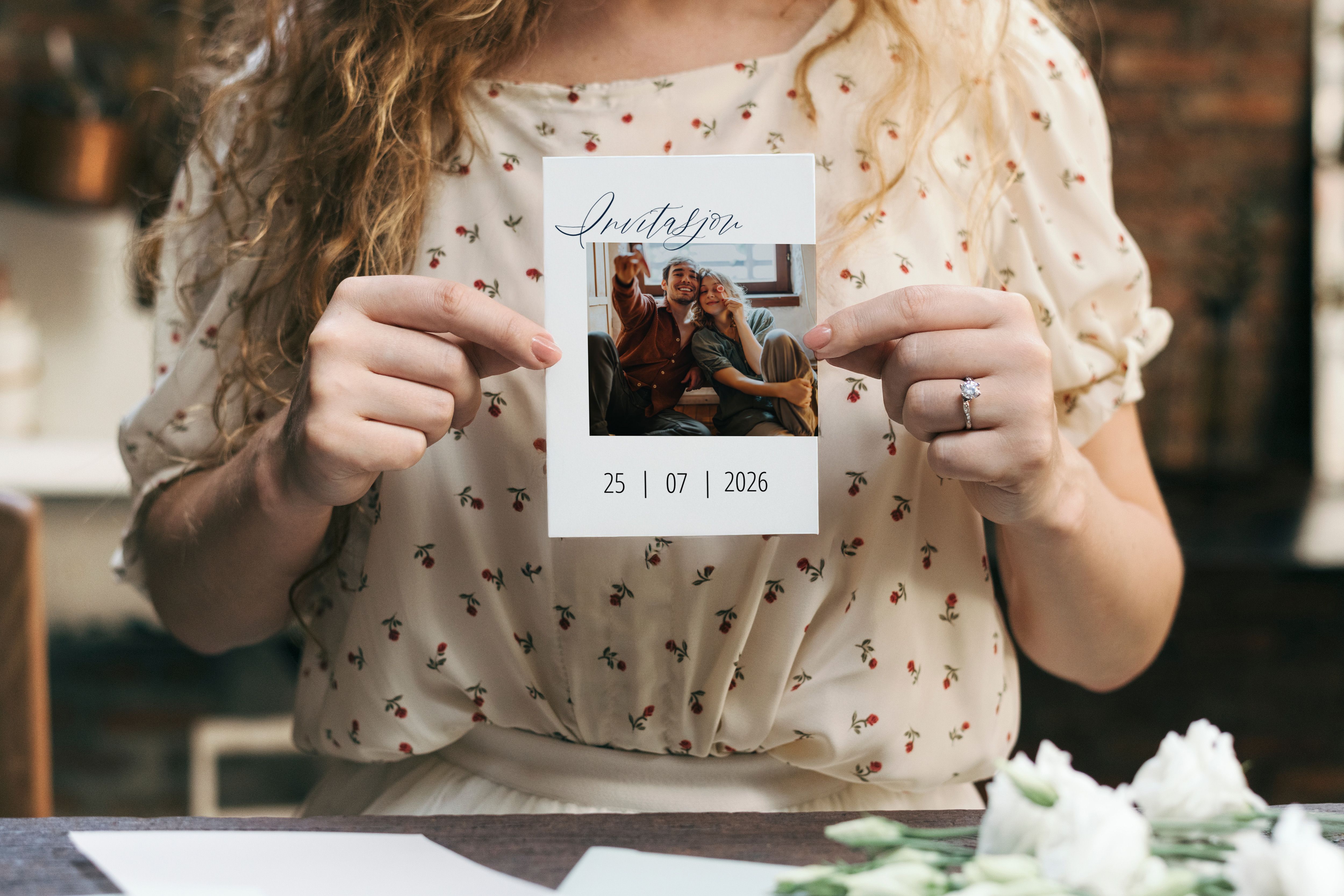 Dame holder opp en invitasjon til bryllup