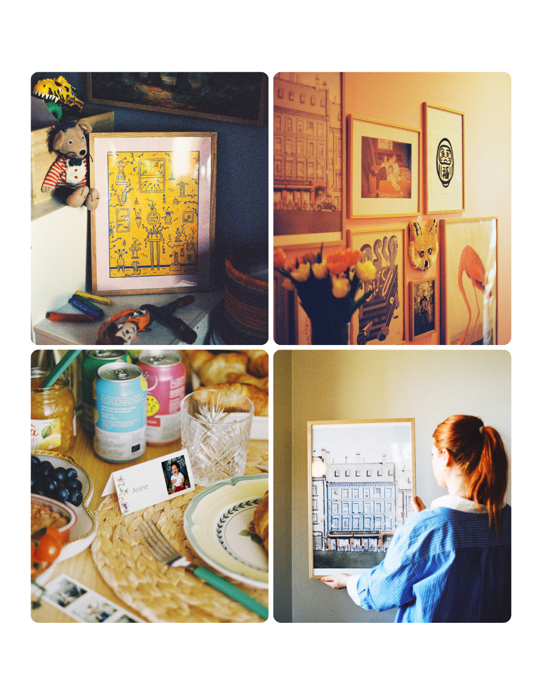 fire bilder tatt med analog film, det ene av en ramme på barnerom omringet av leker, ett bilde av en galleriveggen, et bilde av bordkort på et frokostdekket bord, og ett bilde av en kvinne som holder opp en ramme med en illustrasjon på