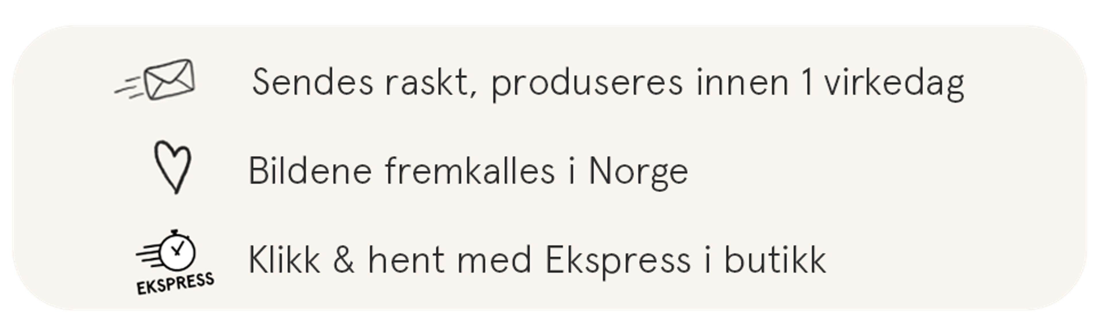 Sendes raskt. fremkalles i Norge, Klikk og hent