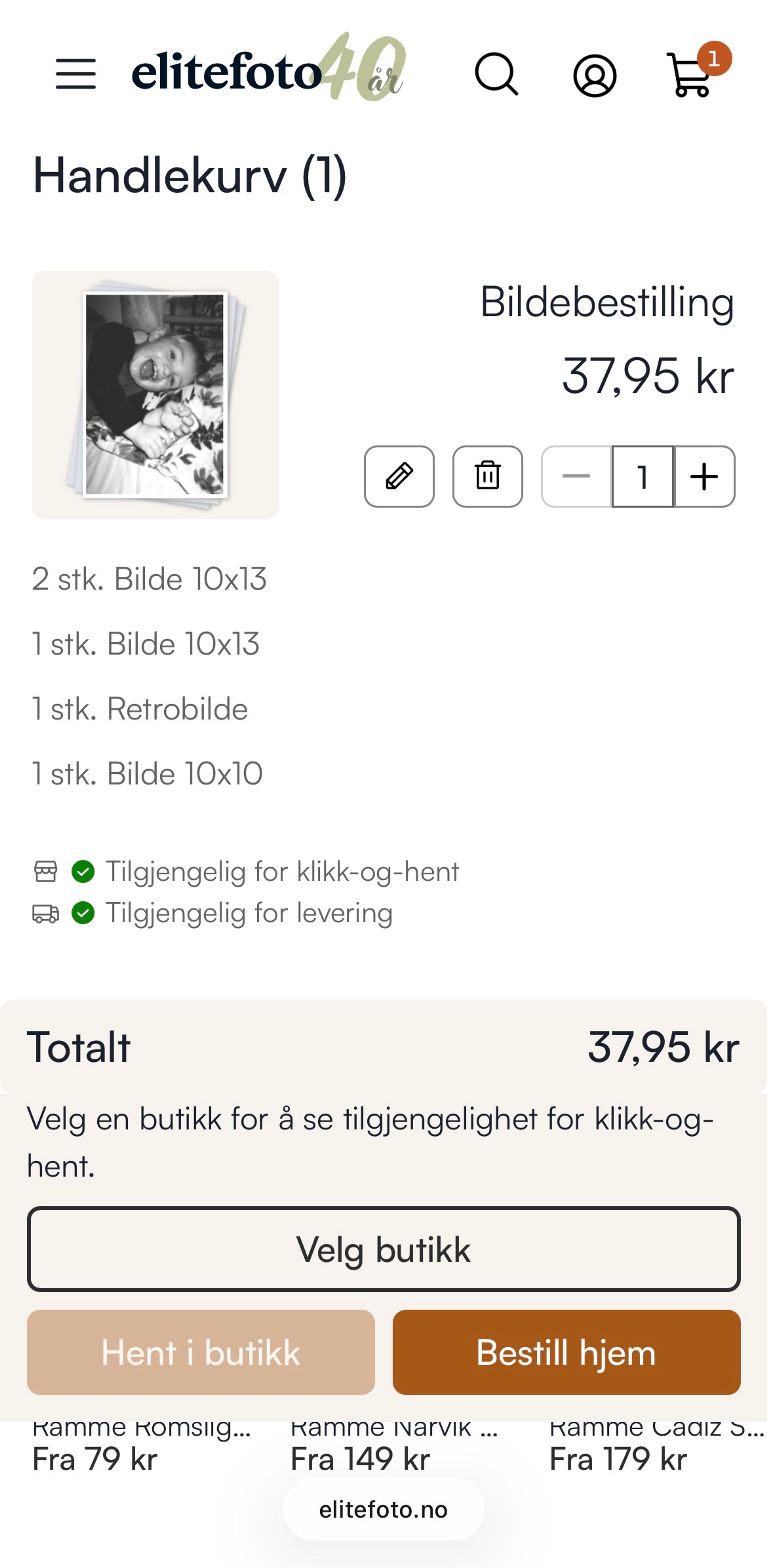 I handlekurven vises bildene som et produkt. Her kan du velge mellom Hent i butikk eller Bestill hjem.