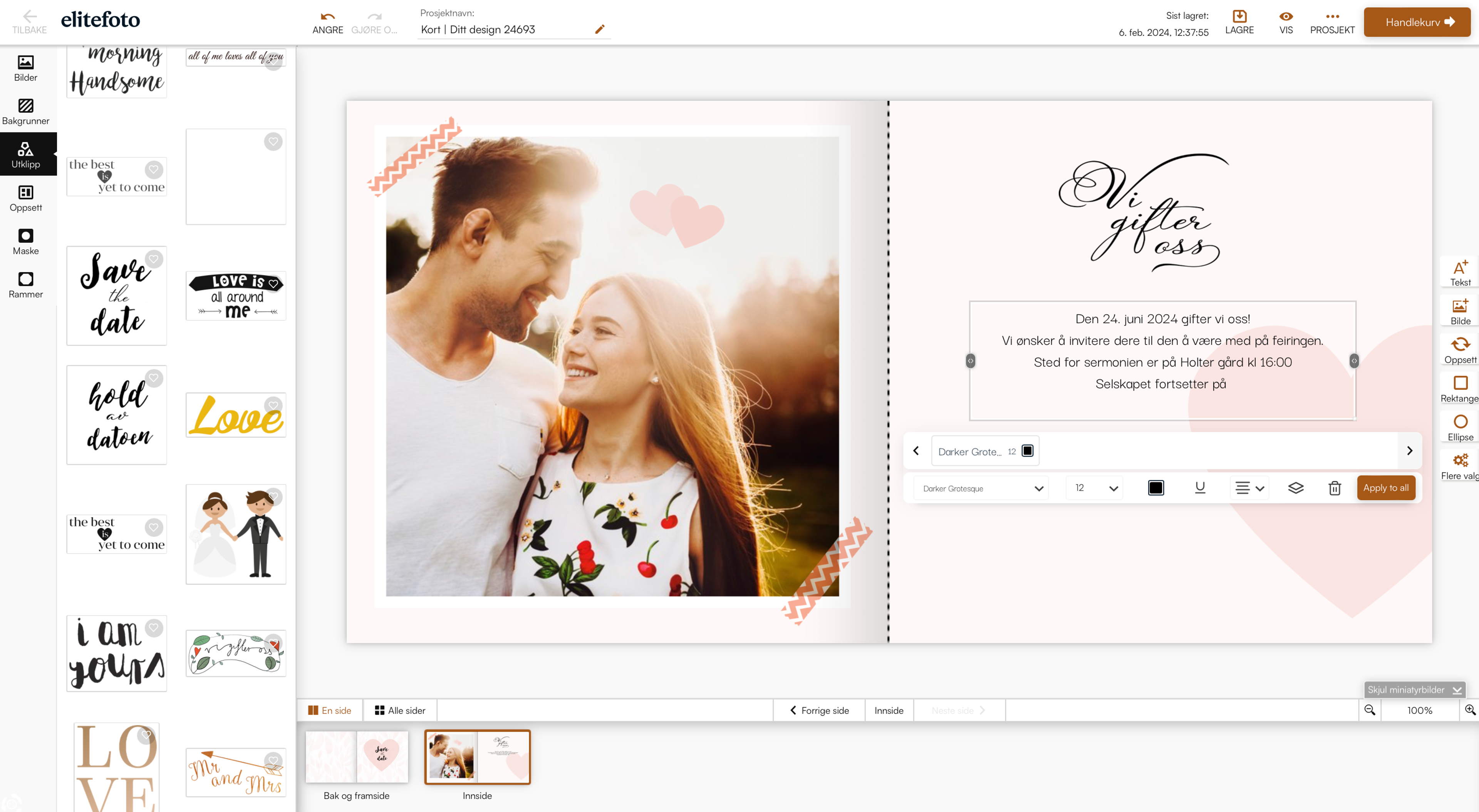 Du kan enkelt lage ditt eget design på kort til bryllupet