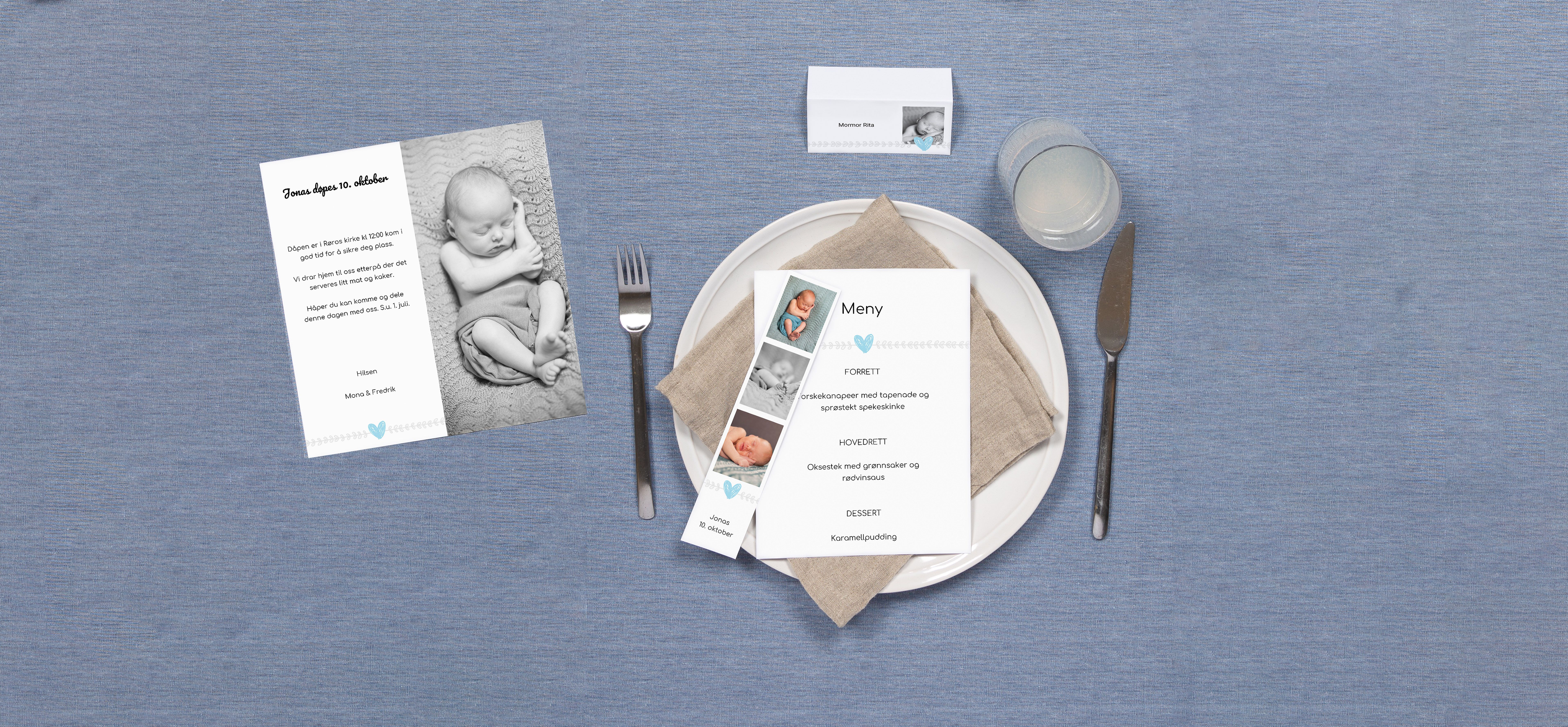 Dåpskort, meny og bordkort i samme design