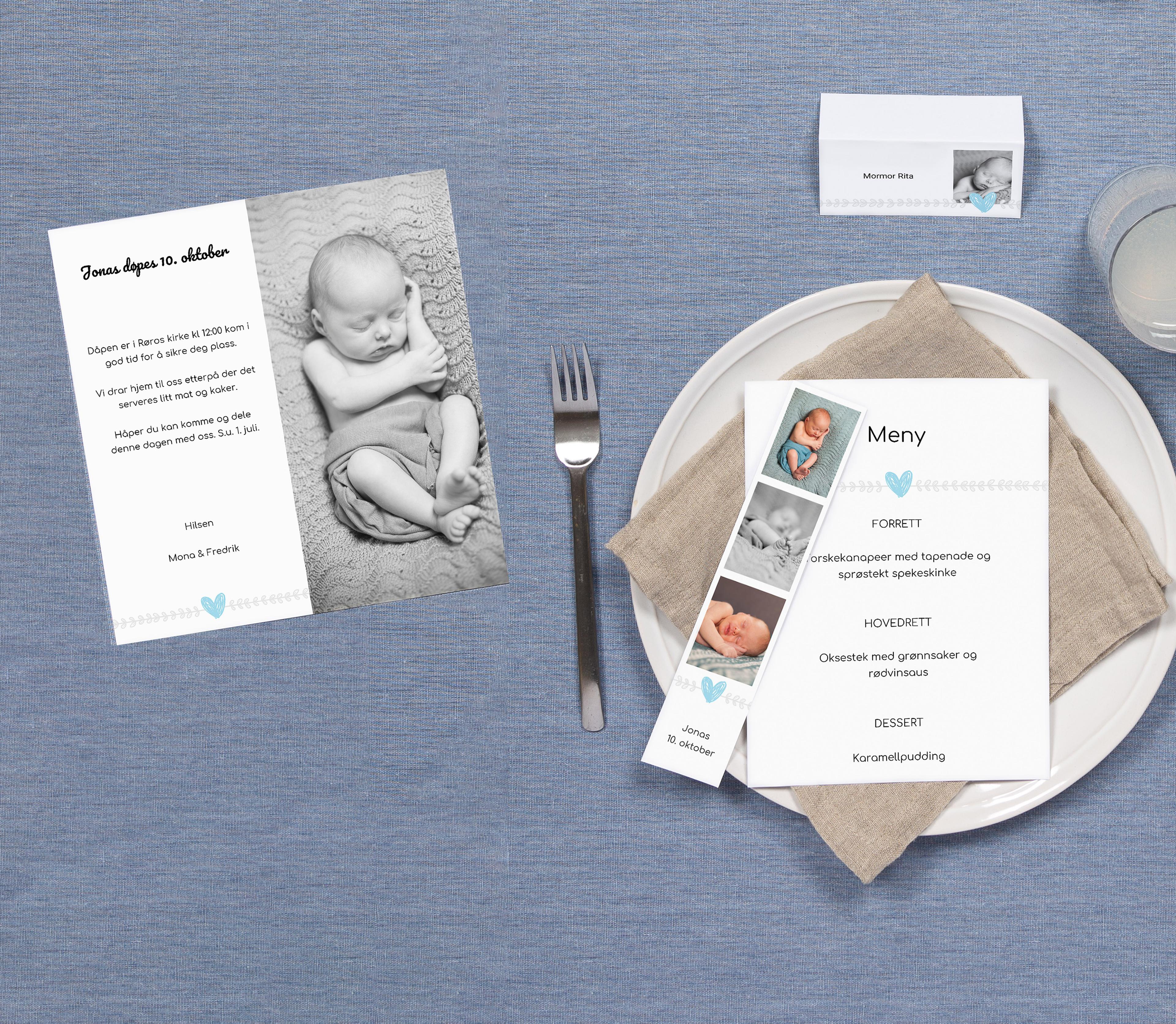 Dåpskort, meny og bordkort i samme design
