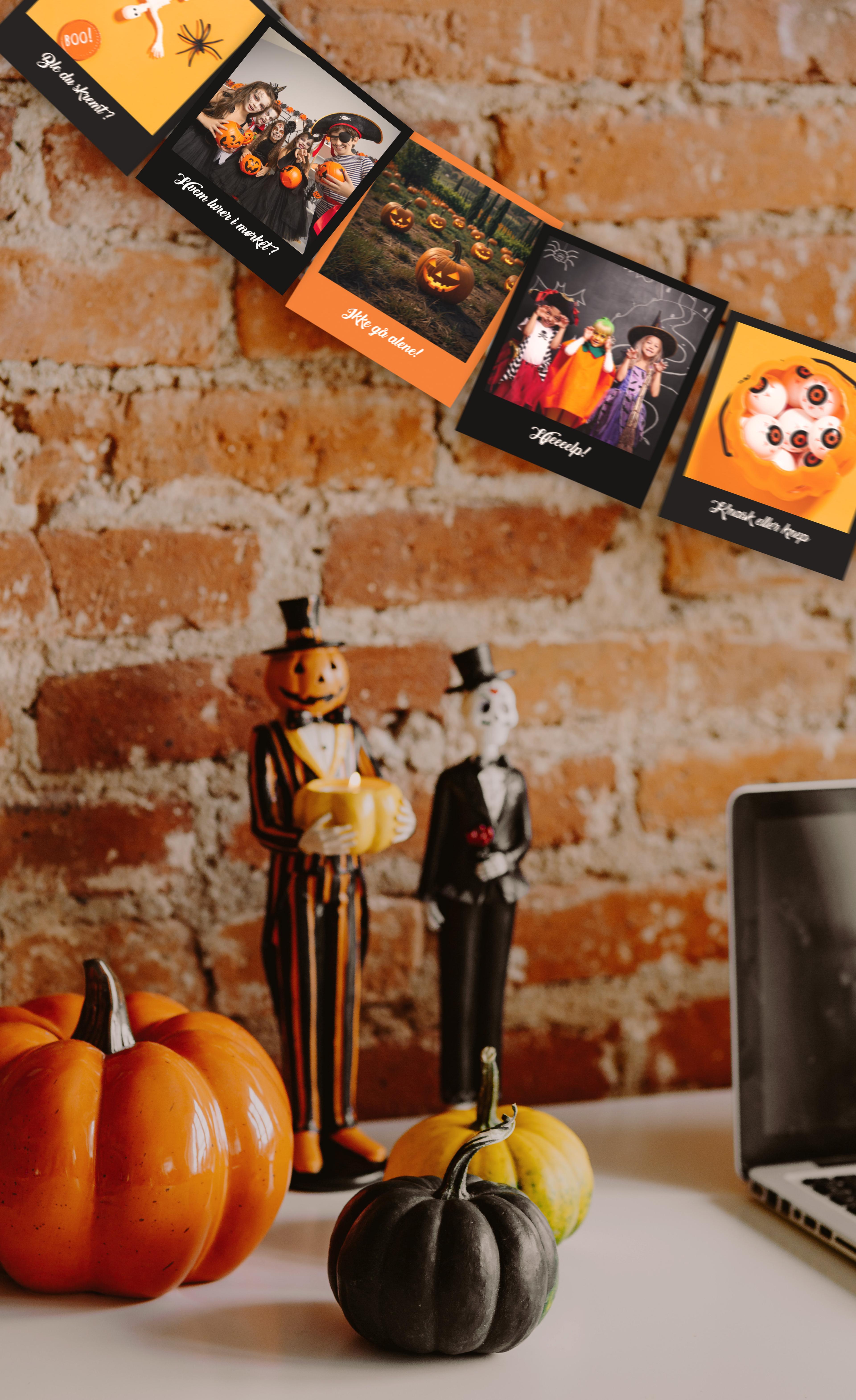 Pyntet med retrobilder på vegg til halloween