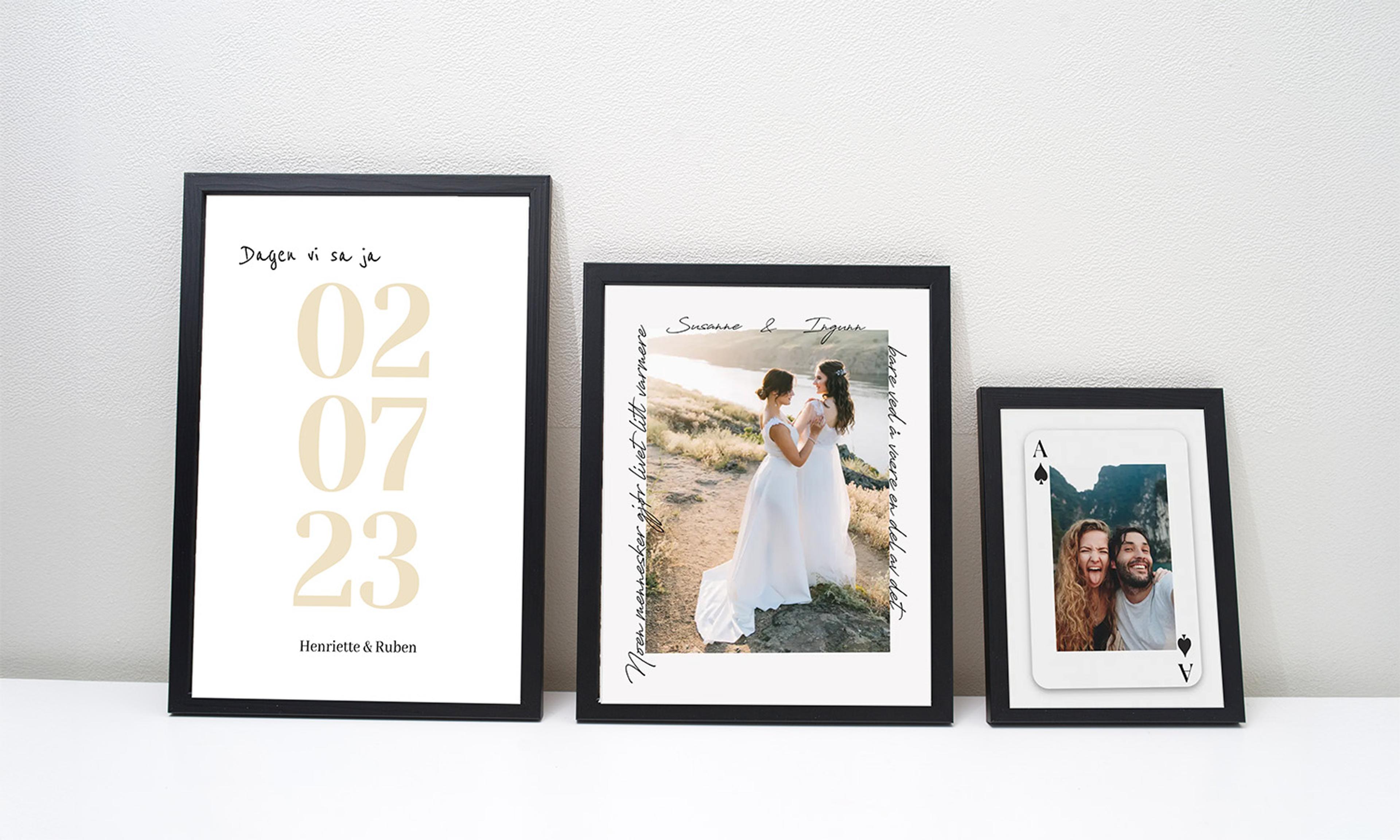 Tre rammer med plakater for kjærester og bryllup