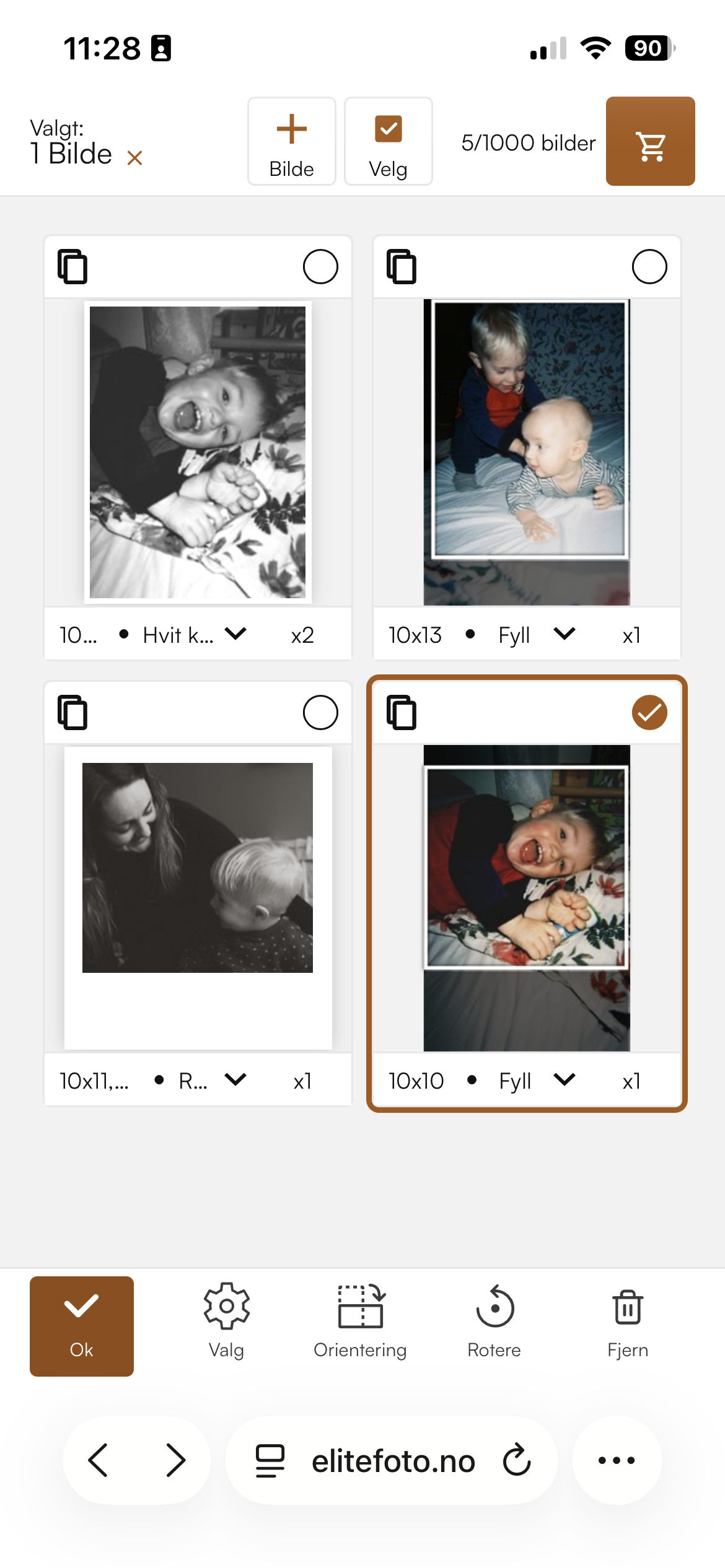 Bilde viser at du kan bestille bilder i ulike størrelser og justere utsnitt på hvert bilde