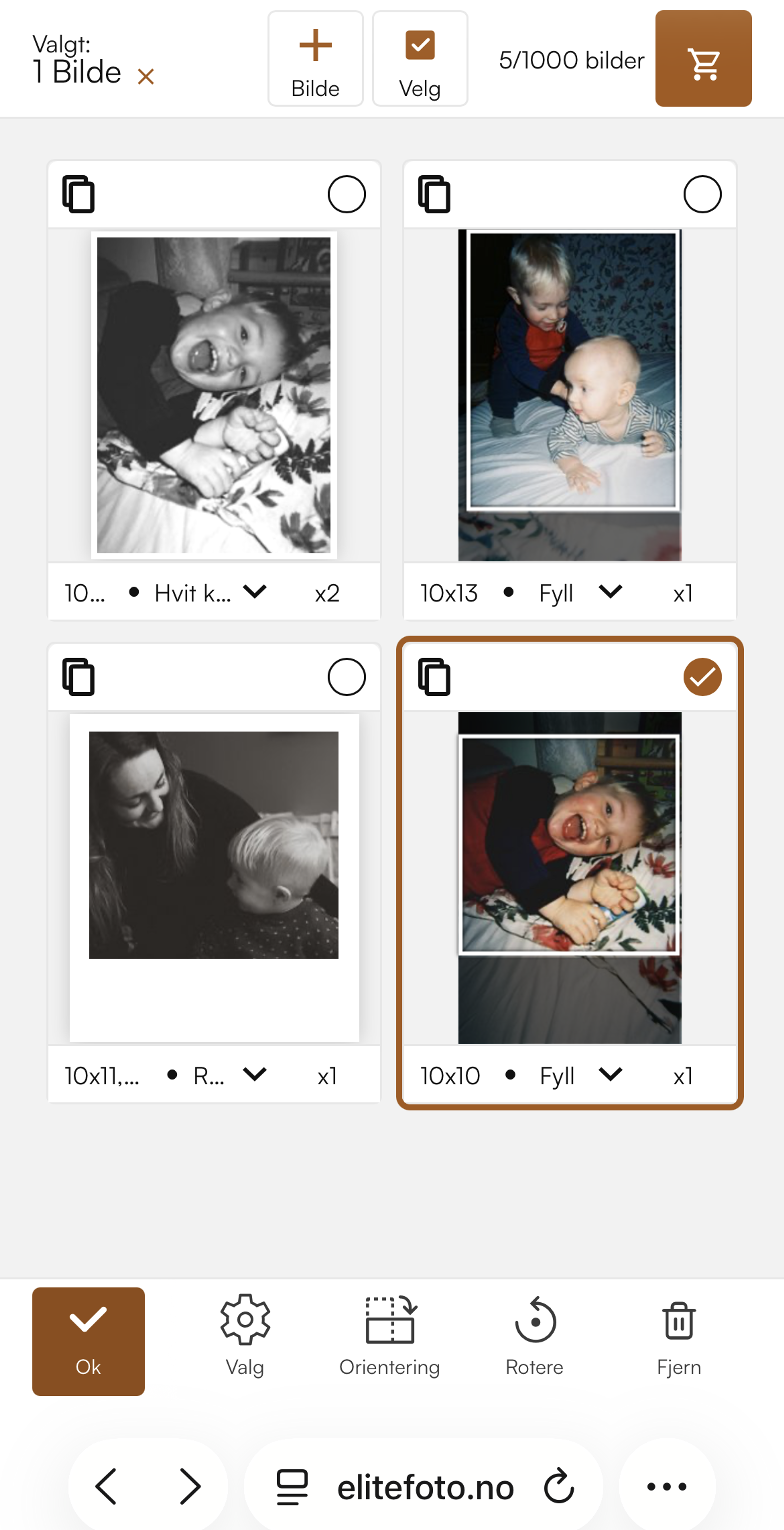 Bilde viser at du kan bestille bilder i ulike størrelser og justere utsnitt på hvert bilde