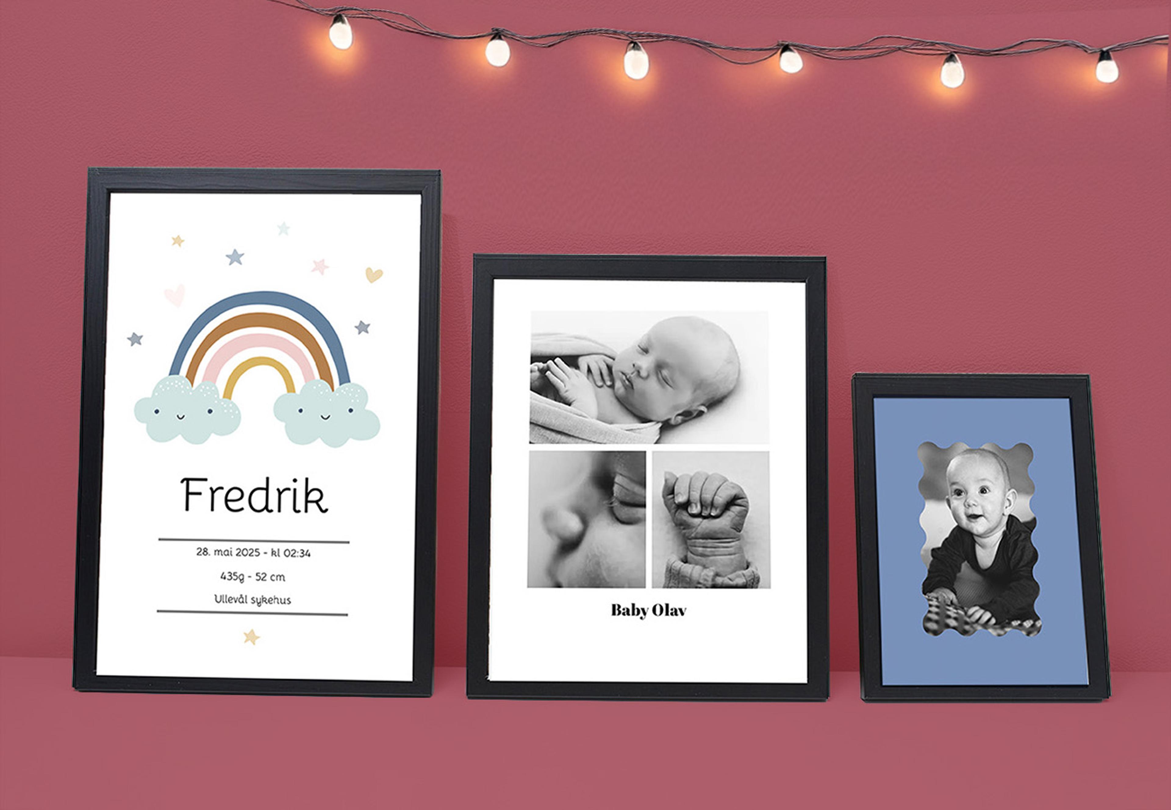 Tre rammer med babyplakater
