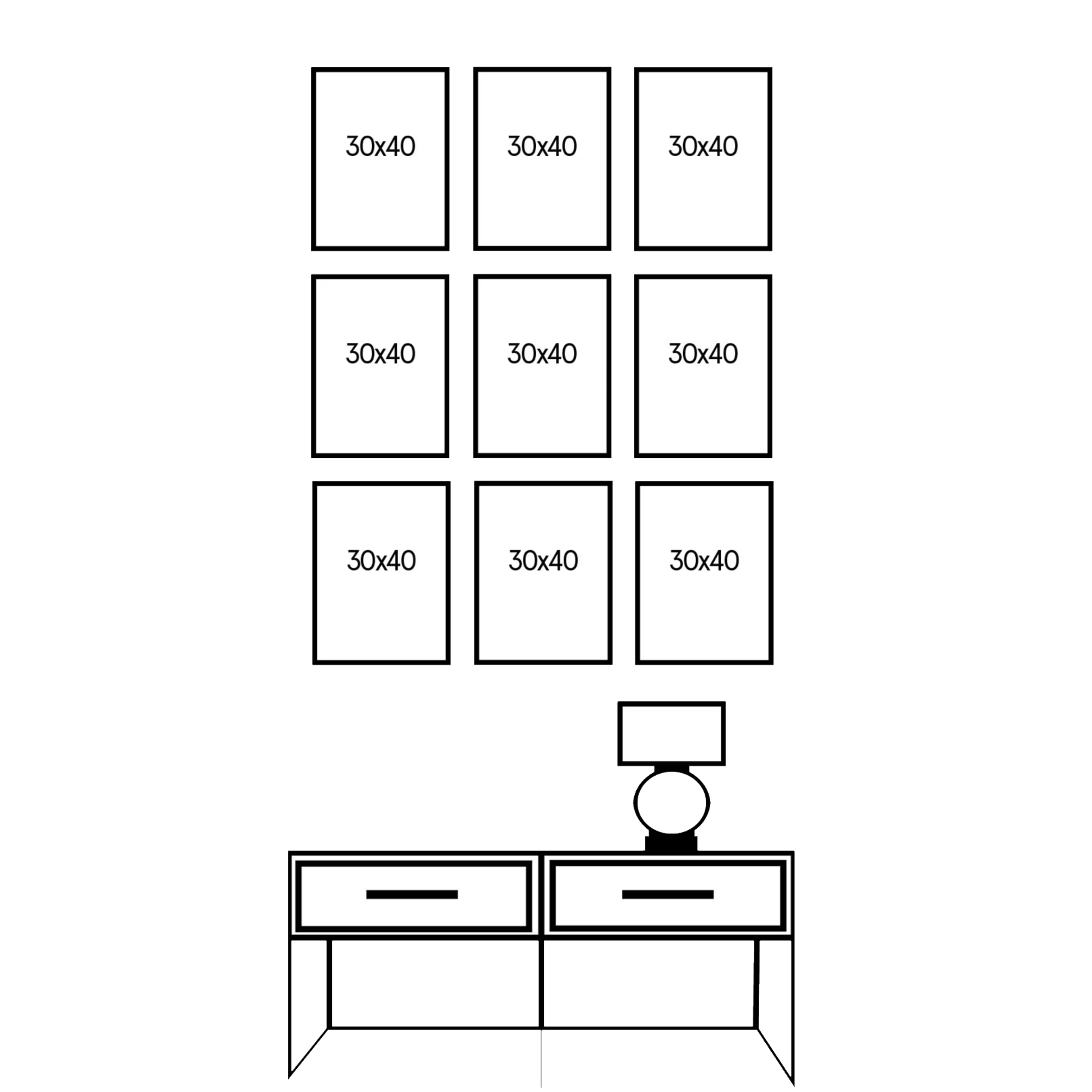 Bildevegg over skjenk: systematisk med like rammer
