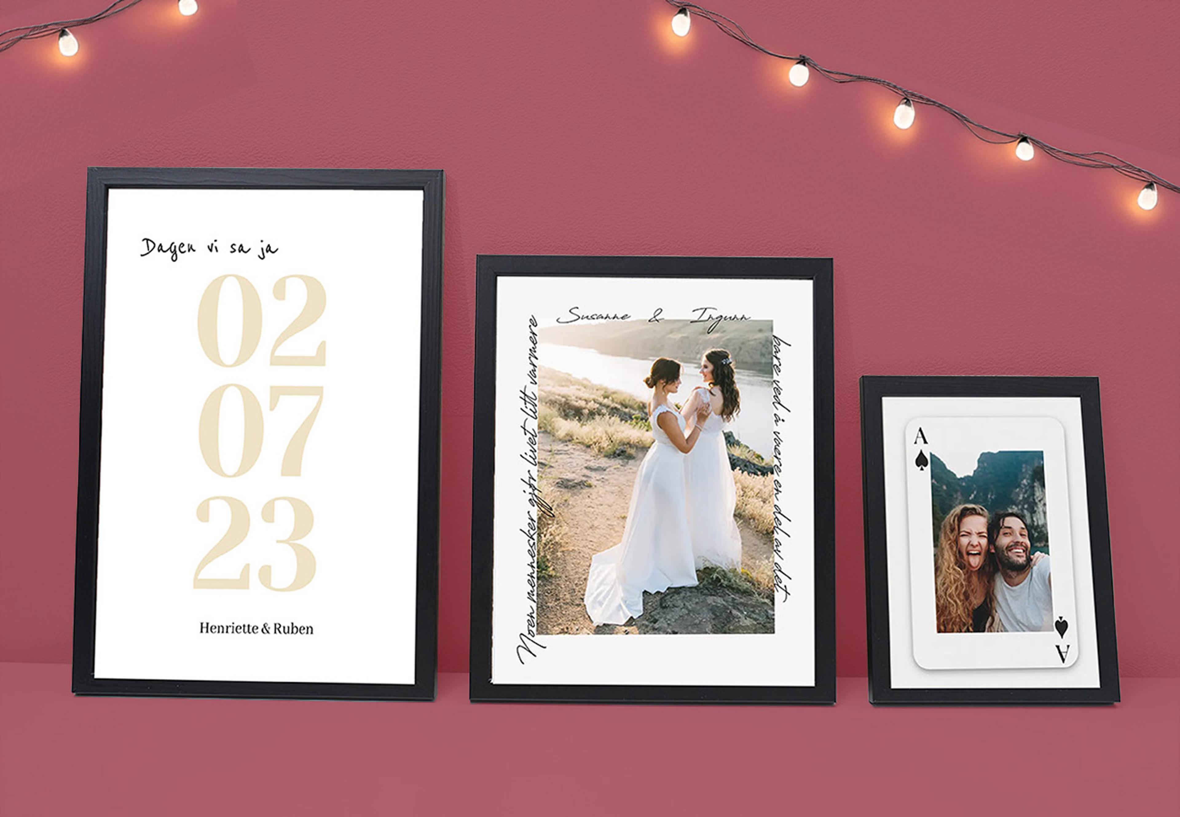 Tre rammer med plakater for kjærester og bryllup