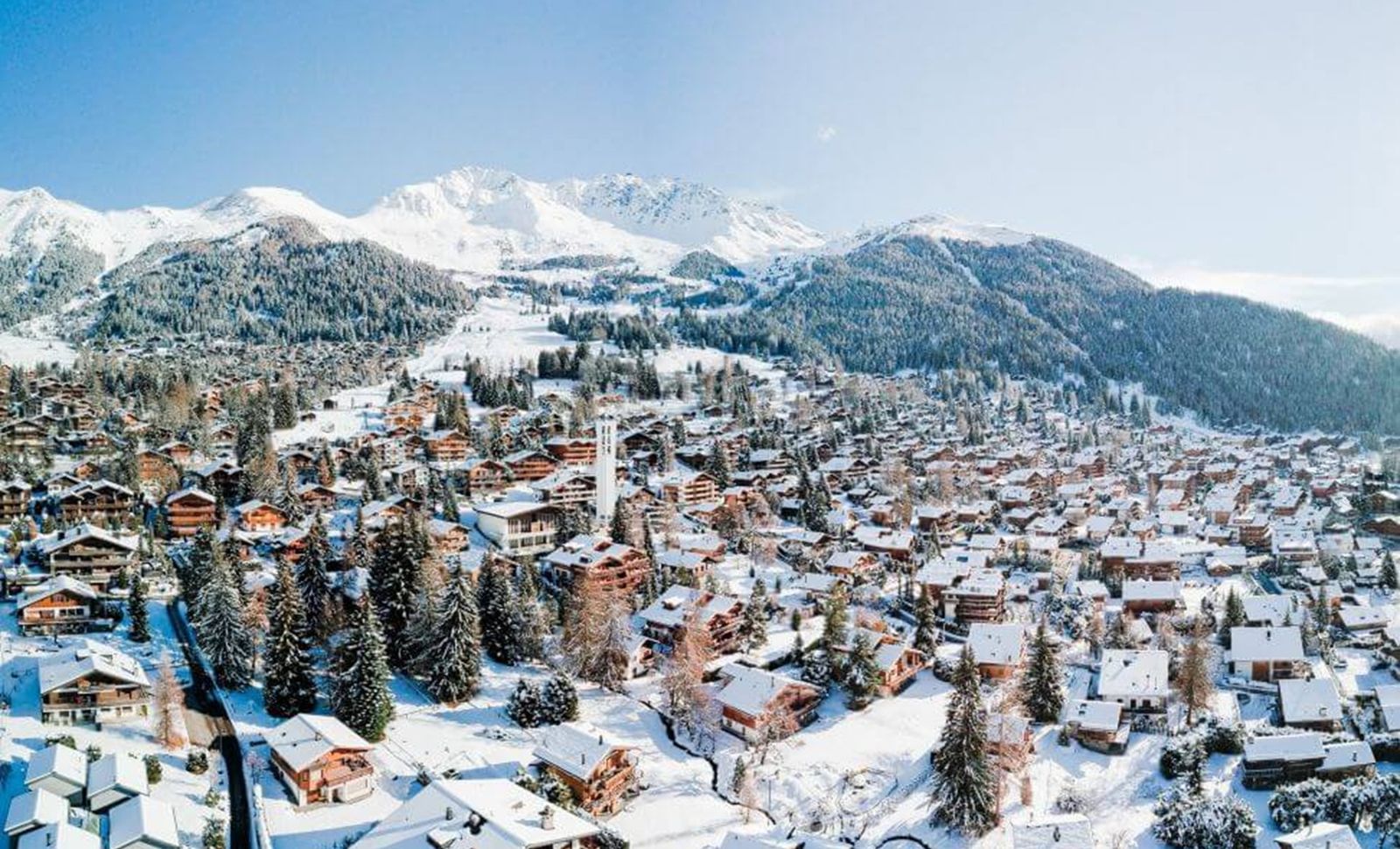 Aerial view over Verbier in winter