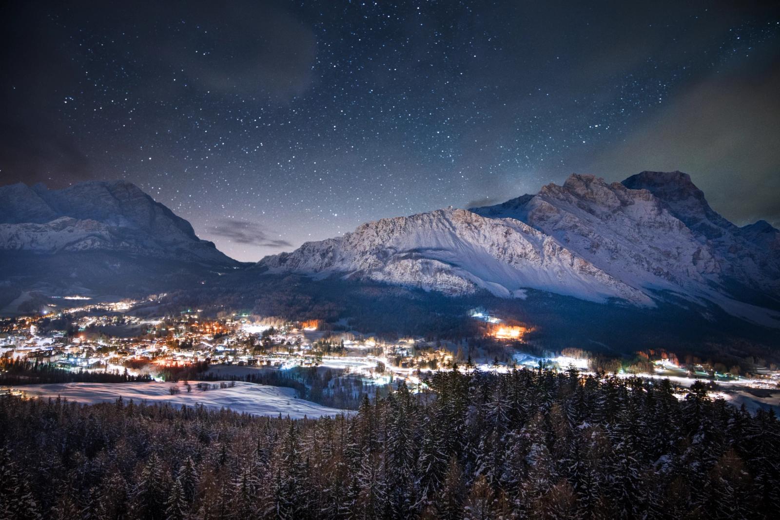 View over Cortina and the Dolomites at night