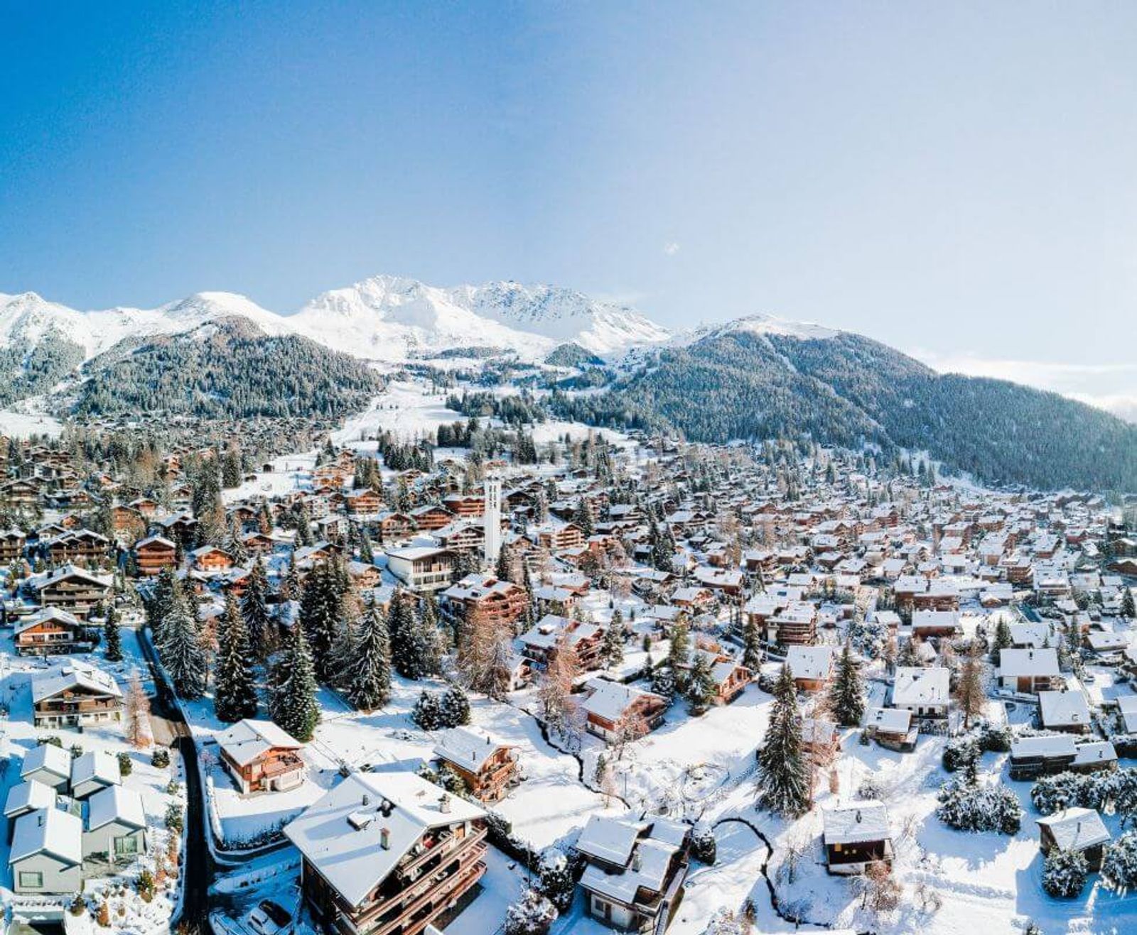 Aerial view over Verbier in winter