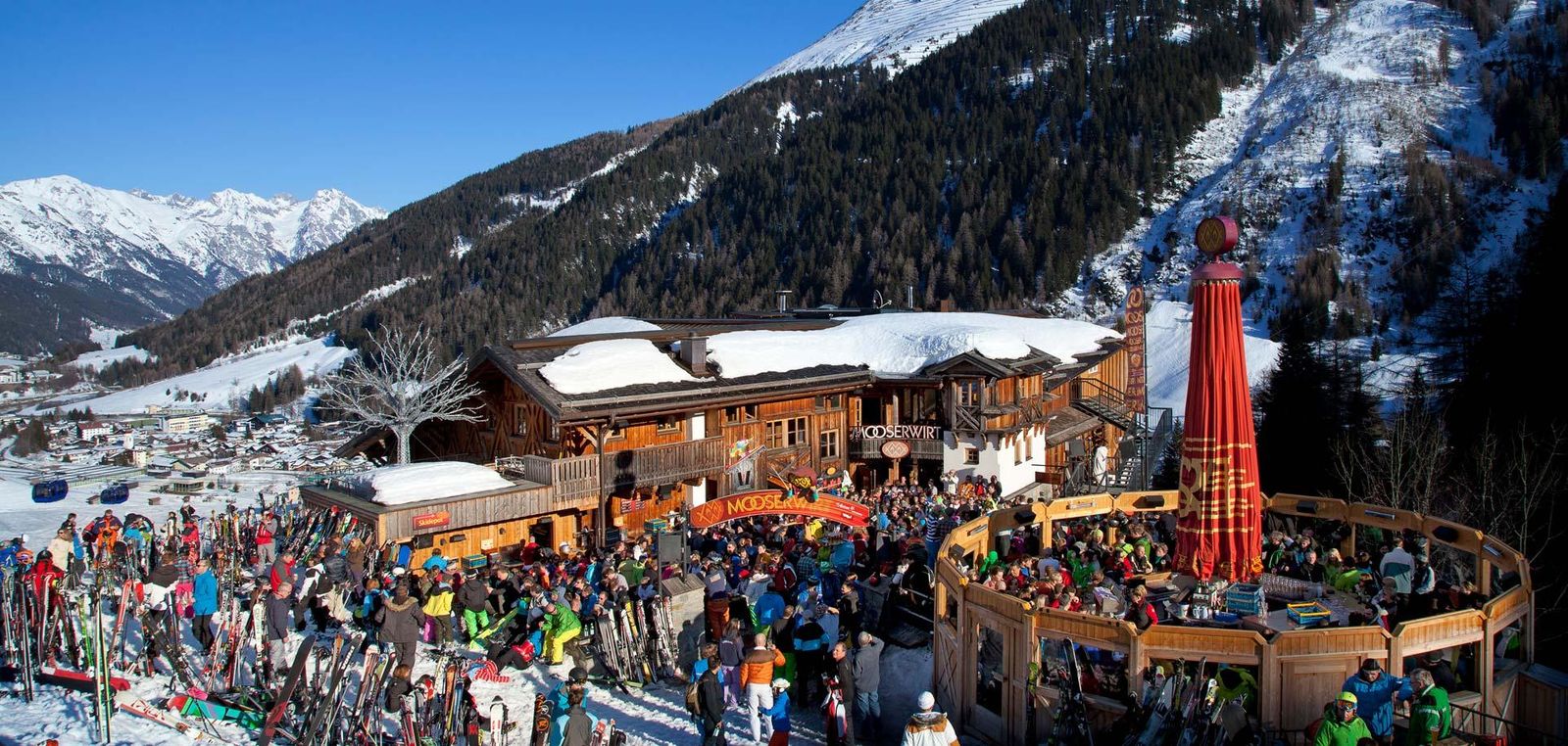 Apres ski party on the terrace at Mooserwirt bar in St Anton