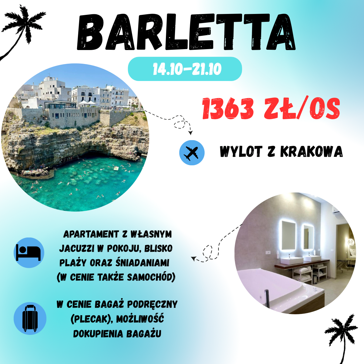Tydzień we Włoszech za 1363 zł W cenie samochód, loty z Krakowa oraz apartament z jacuzzi i śniadaniami!🥐🇮🇹🏝️