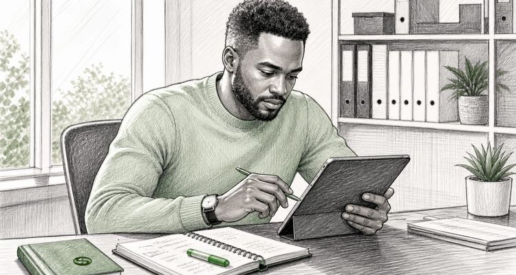 Hands using tablet with compliance checklist on desk