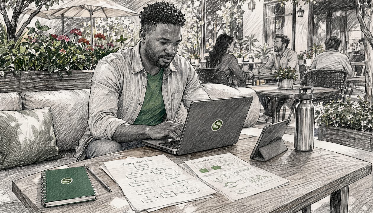 HR assistant working on automated alerts laptop