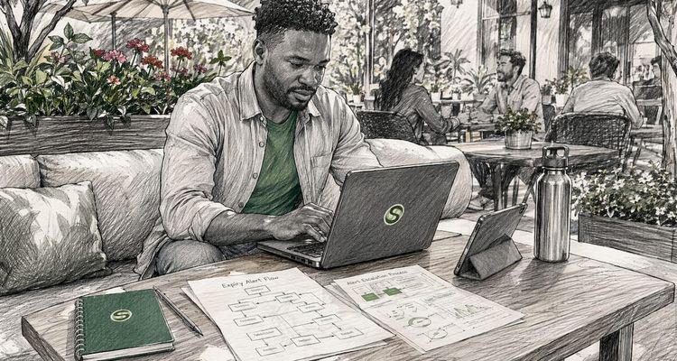 HR assistant working on automated alerts laptop