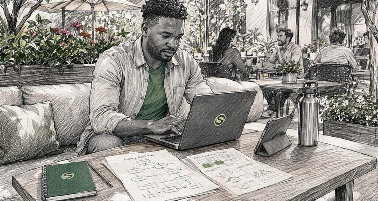 HR assistant working on automated alerts laptop