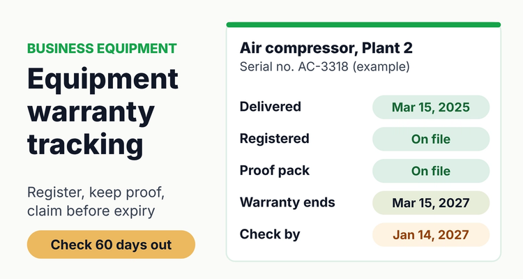 Equipment warranty tracking record for an air compressor showing delivery date, registration confirmed, proof on file, warranty end date and a check-by date 60 days before expiry