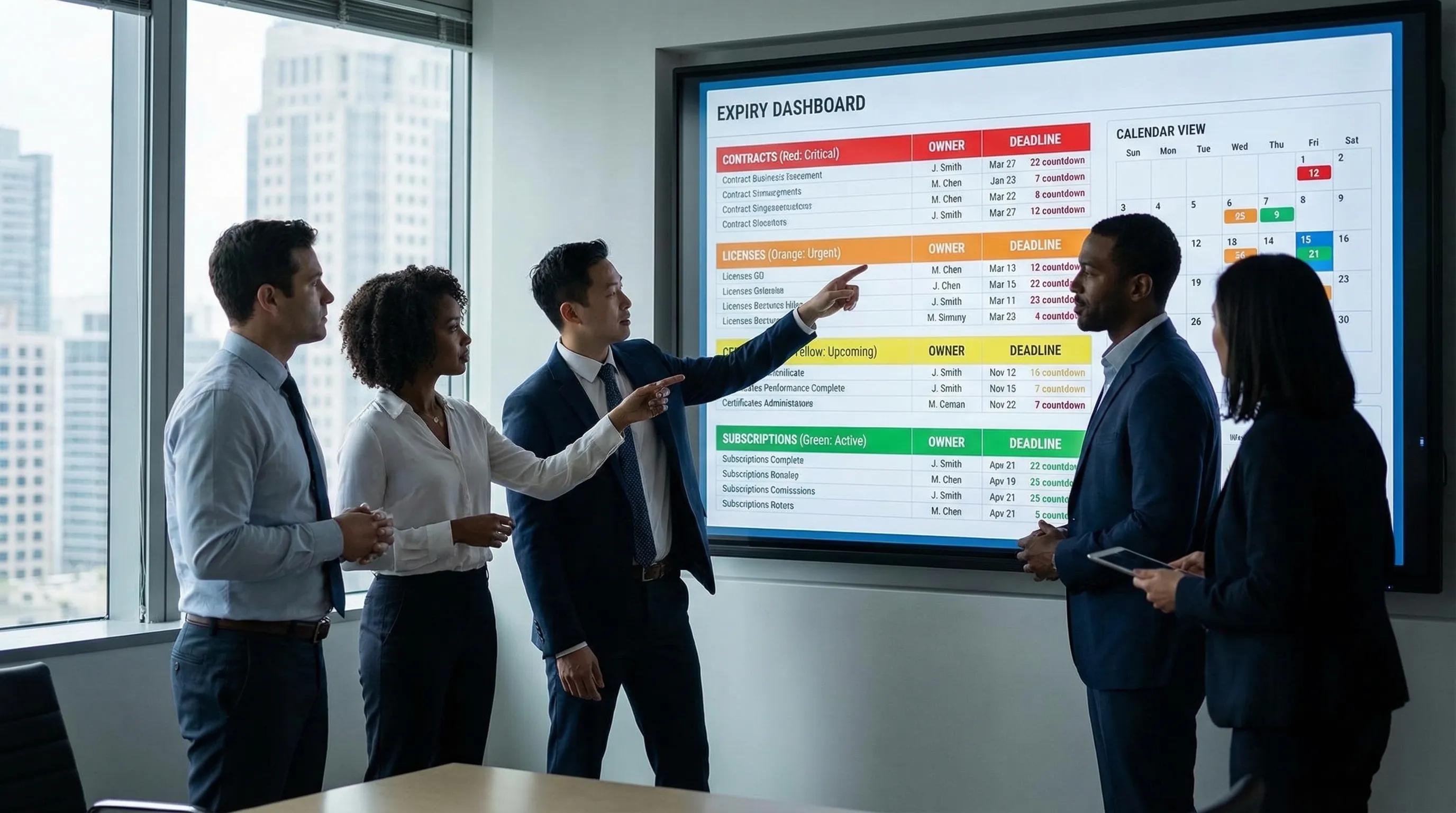 A business team viewing a centralized expiry dashboard with colored categories, owner assignments, upcoming deadlines, and a calendar view showing renewal dates.
