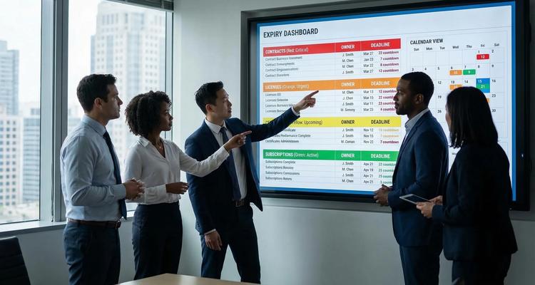 A business team viewing a centralized expiry dashboard with colored categories, owner assignments, upcoming deadlines, and a calendar view showing renewal dates.