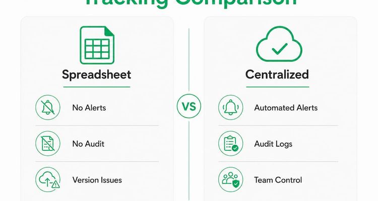 Infographic comparing centralized and spreadsheet expiry tracking