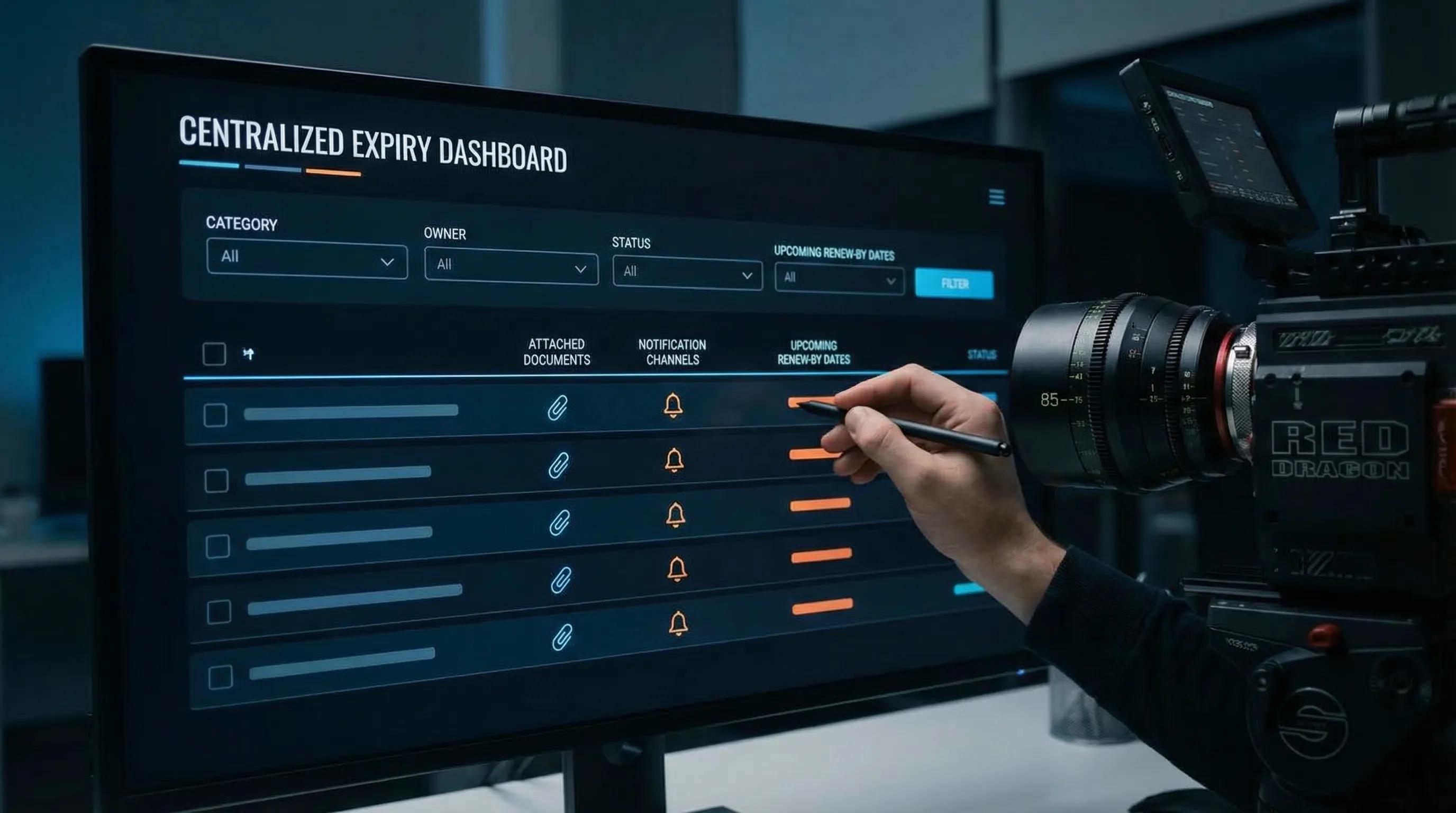 Conceptual view of a centralized expiry dashboard with filters for category, owner, status, and upcoming renew-by dates, plus icons for attached documents and notification channels.