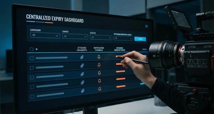Conceptual view of a centralized expiry dashboard with filters for category, owner, status, and upcoming renew-by dates, plus icons for attached documents and notification channels.