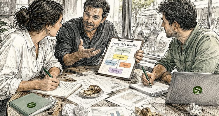Operations team discussing expiry workflows around table