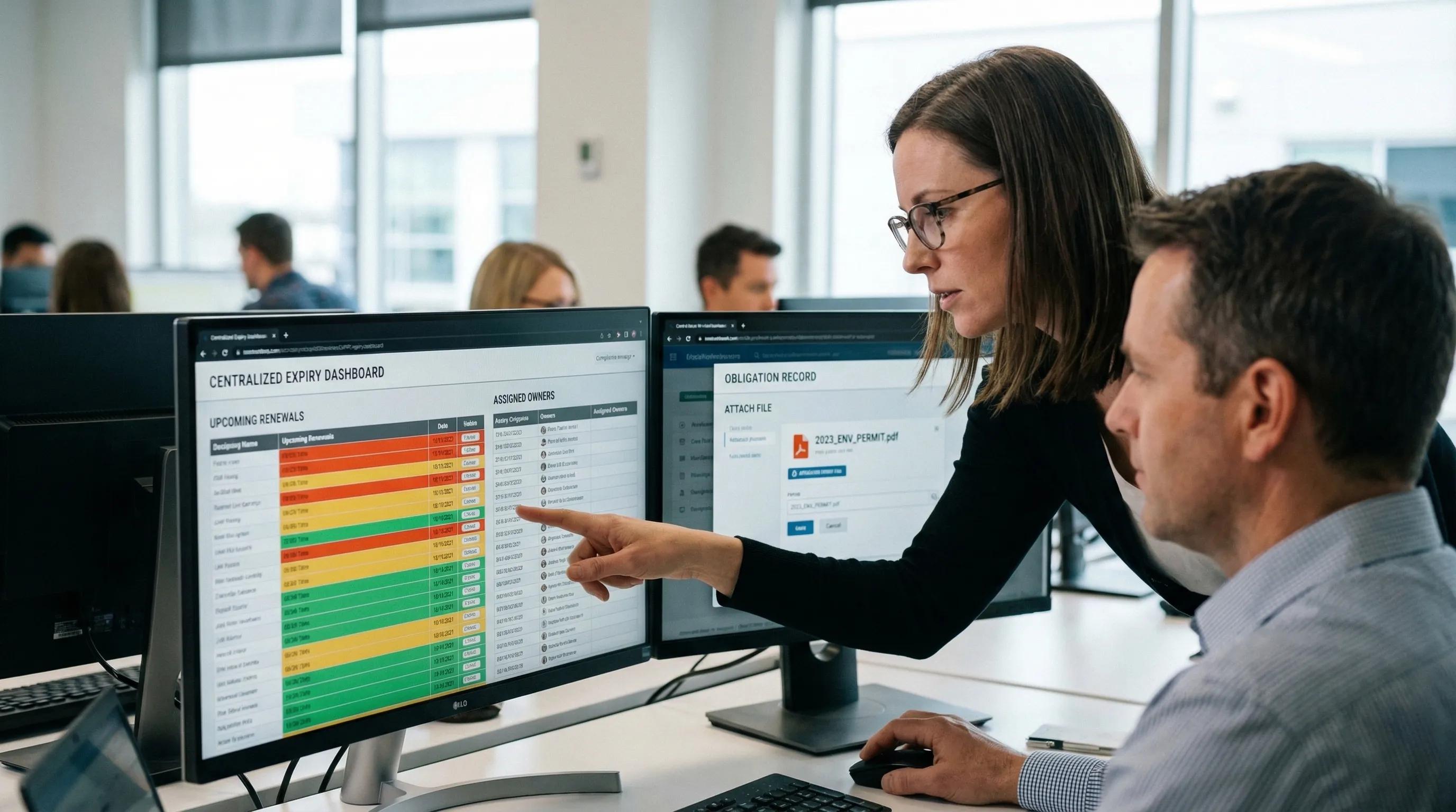 A compliance manager reviewing a centralized expiry dashboard with upcoming renewals and assigned owners, while a teammate adds a document attachment to an obligation record.
